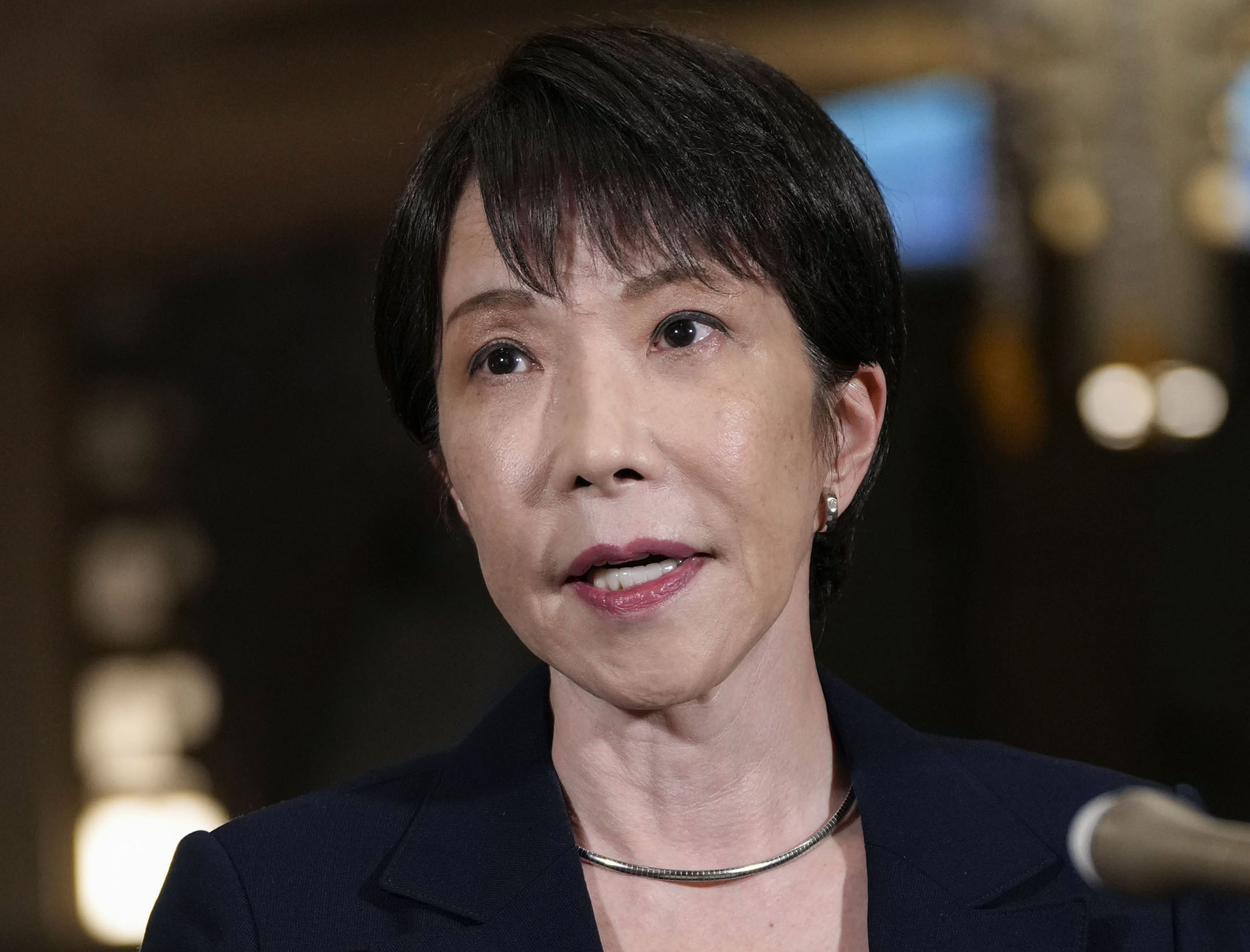 Sanae Takaichi speaks to journalists after Russian president Vladimir Putin’s visit to the Kuril islands