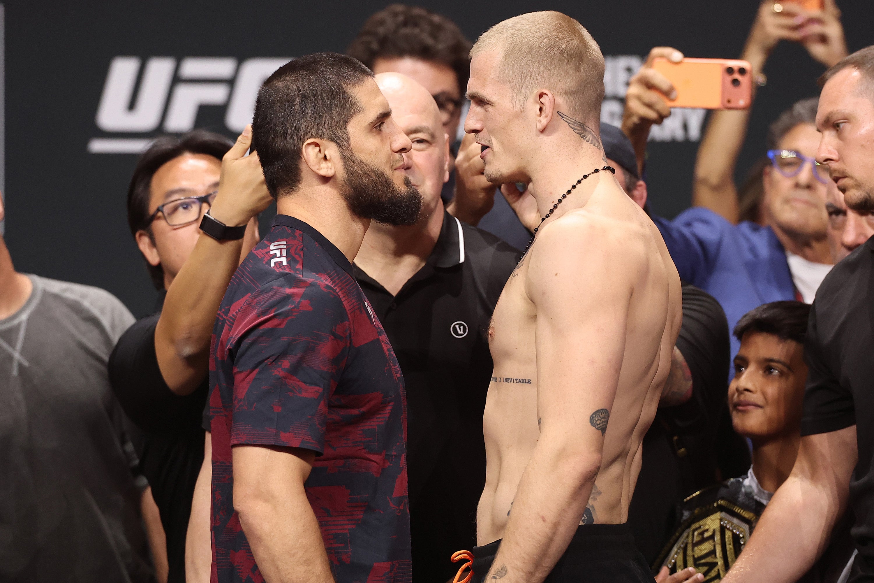 Ian Machado Garry (right) facing off with Islam Makhachev