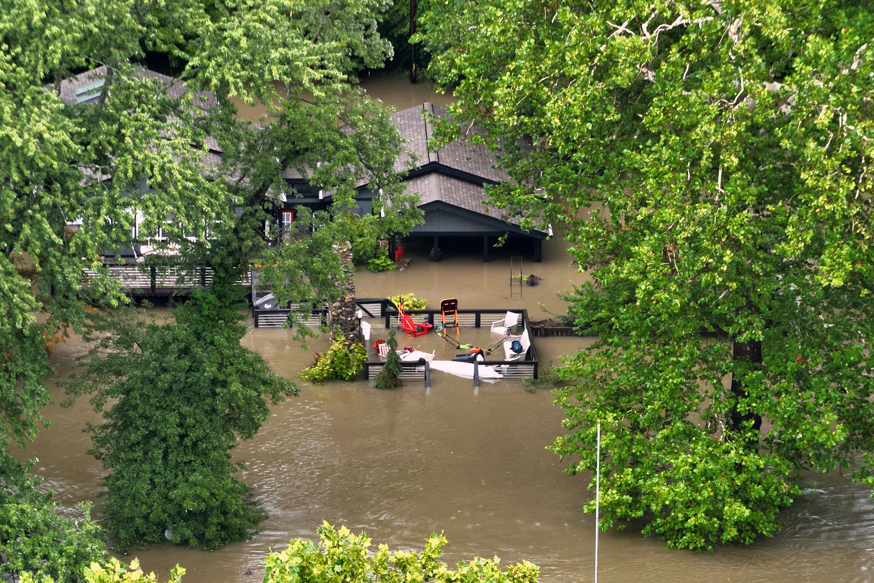 Flooding in northern Indianapolis on Aug. 15, 2026, seen in an aerial photo provided by the Indianapolis Fire Department