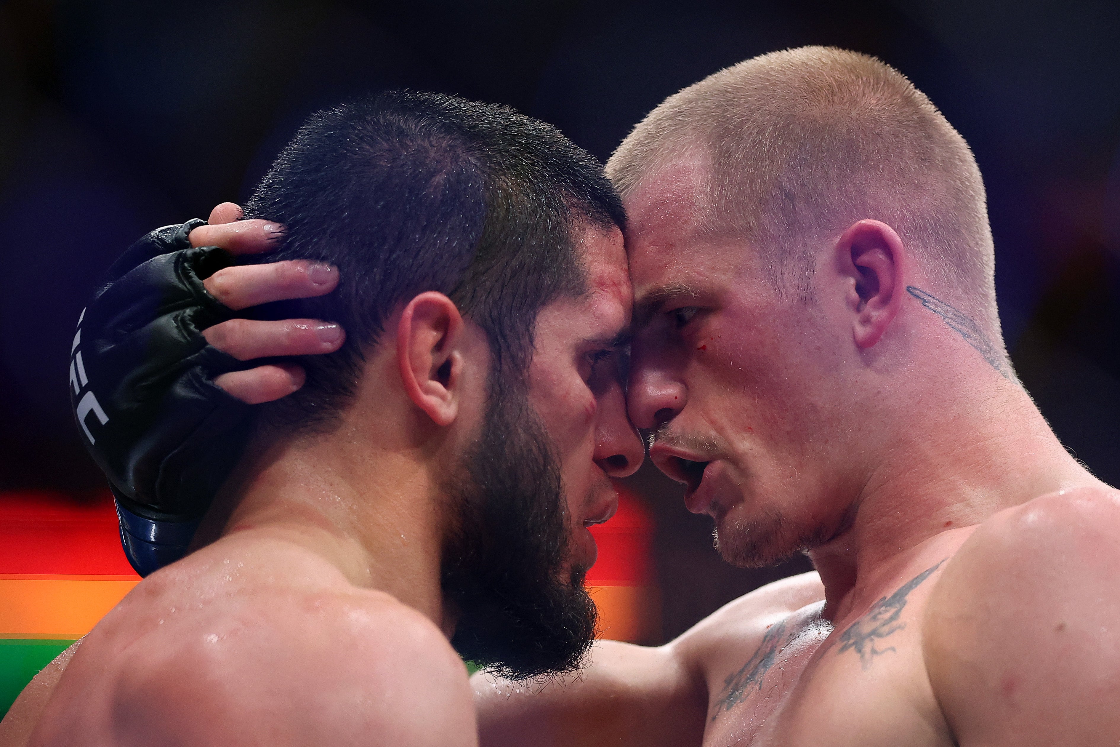 Ian Machado Garry (right) congratulates Islam Makhachev