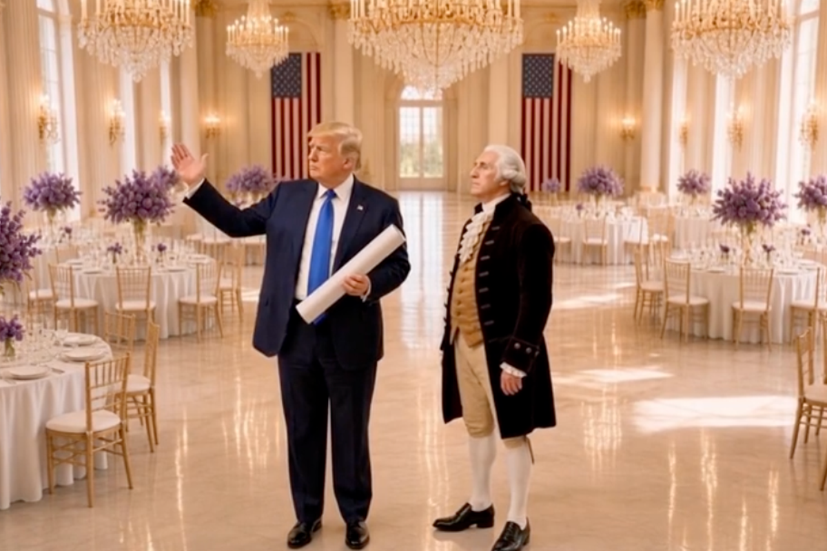 Trump, son yapay zeka takıntısında balo salonunu George Washington'a gösteriyor