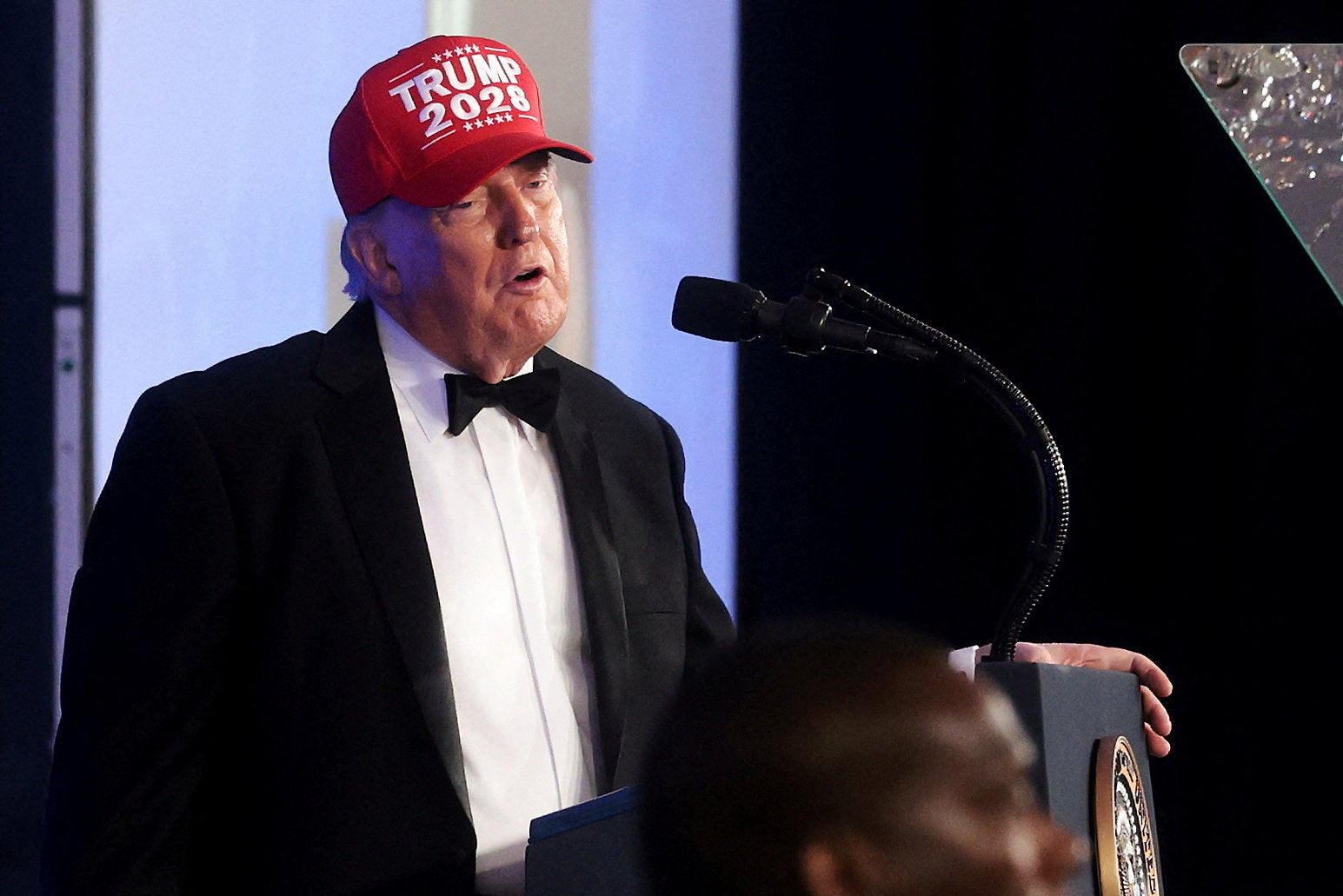 Trump wore a ‘Trump 2028’ hat as he delivers jokes at the White House Correspondents' Association dinner in July