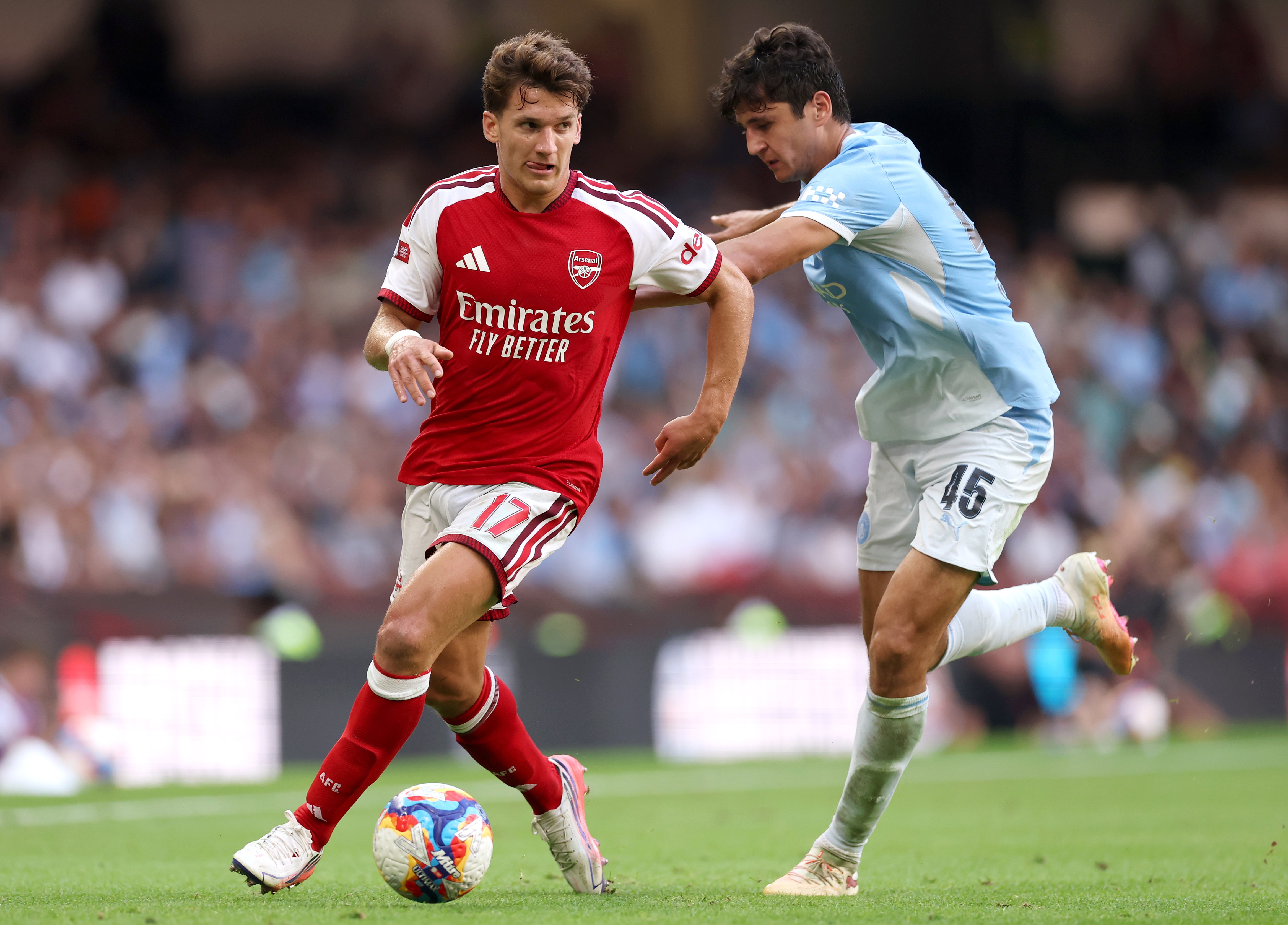 Tzolis in action on the ball for Arsenal