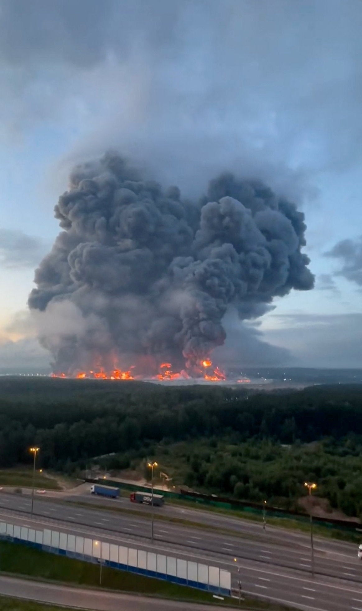 The strike triggered a huge inferno on-site, engulfing the warehouse