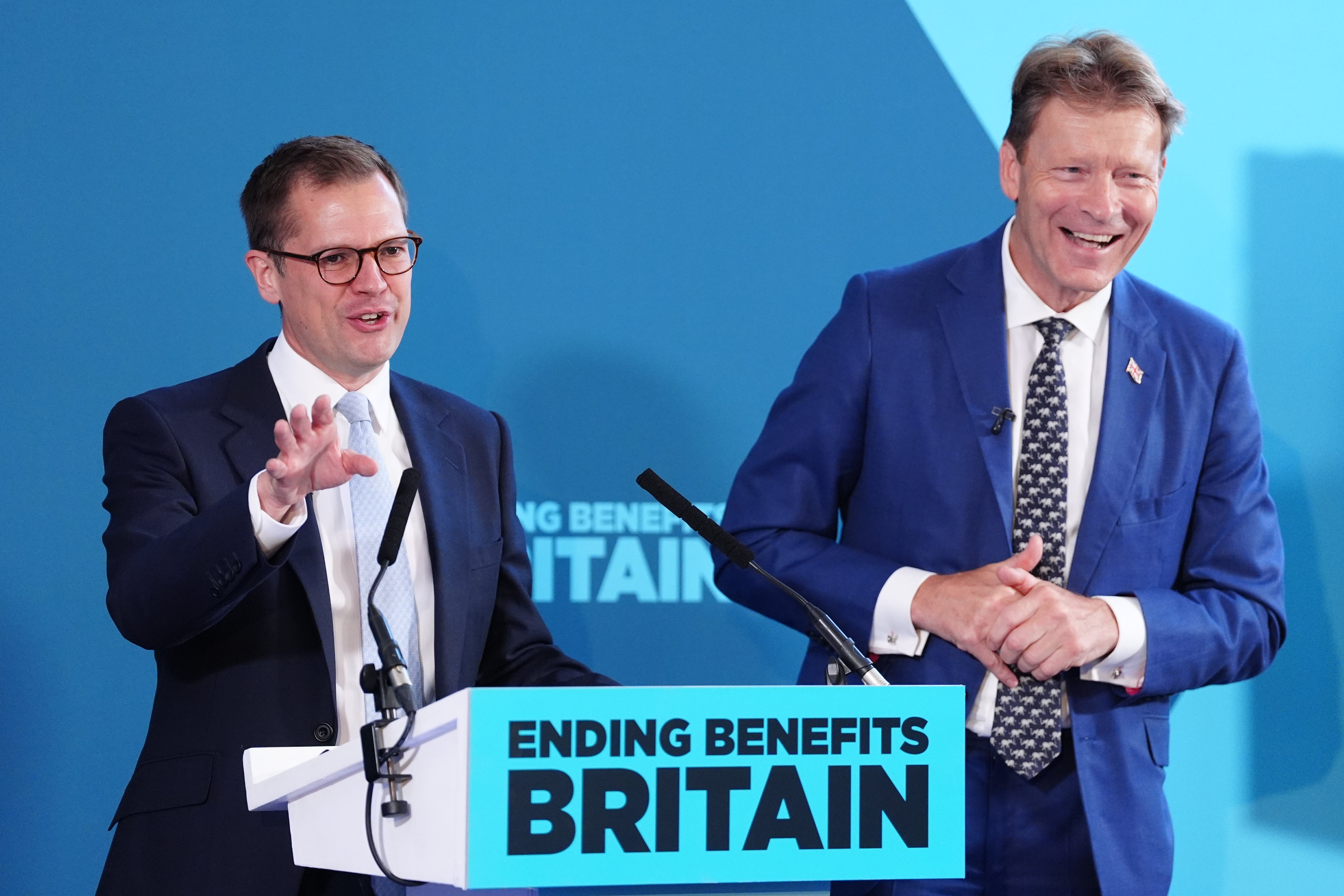 Robert Jenrick and Richard Tice at Monday’s announcement of Reform welfare policies