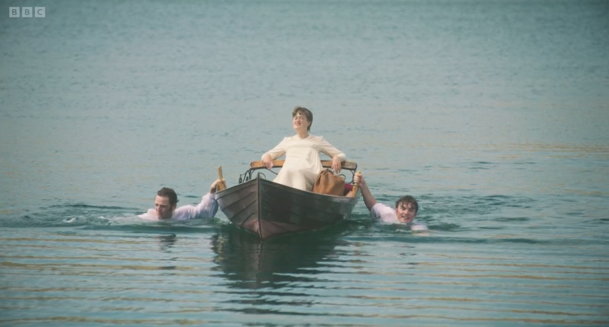Mary Bennet (Ella Bruccoleri) gets escorted back to shore by Ryder (Laurie Davidson) and Haywood (Donal Finn)