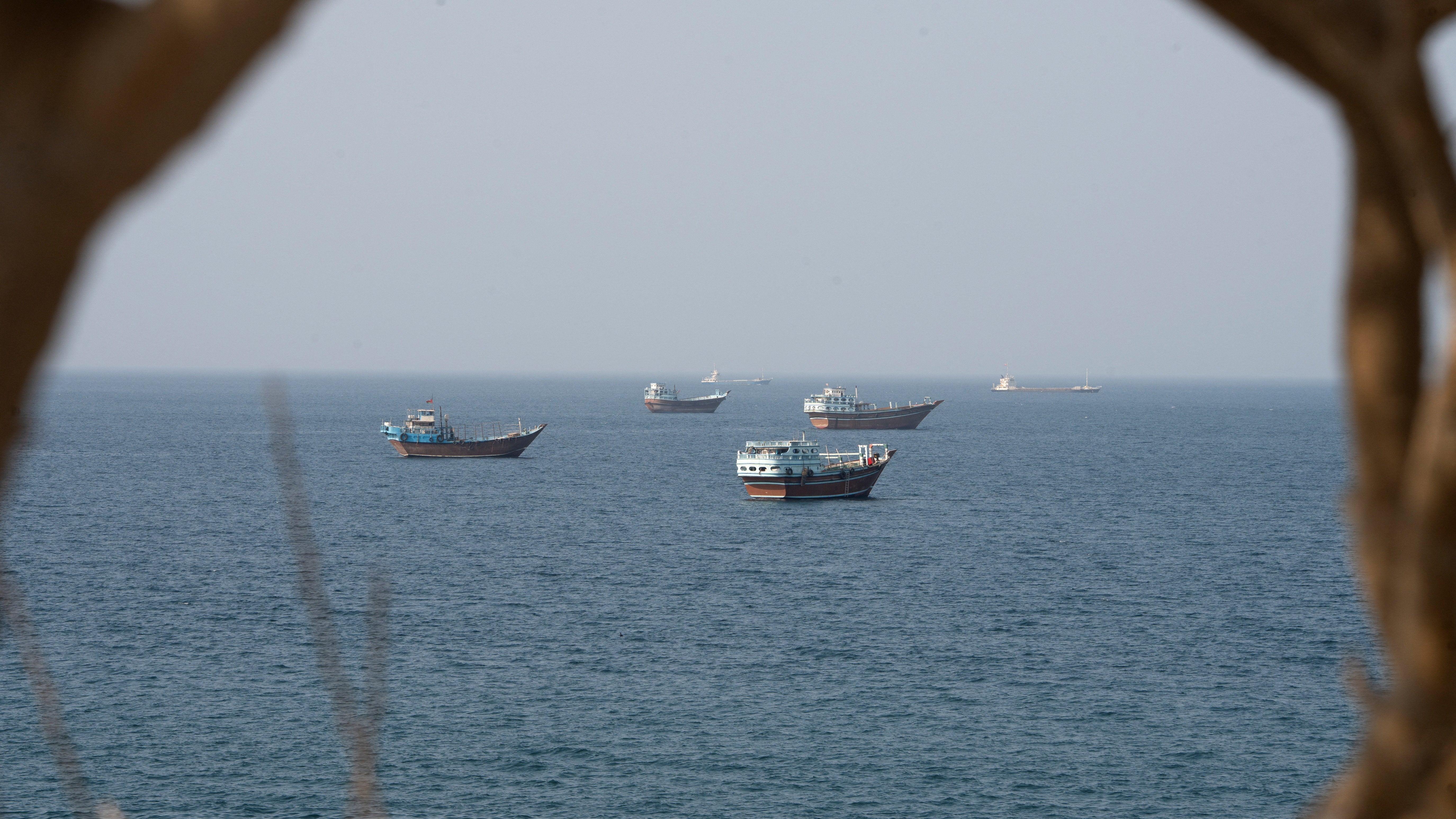 Vessels near the Strait of Hormuz, as seen from Musandam as Trump threatens to bomb Oman on Monday