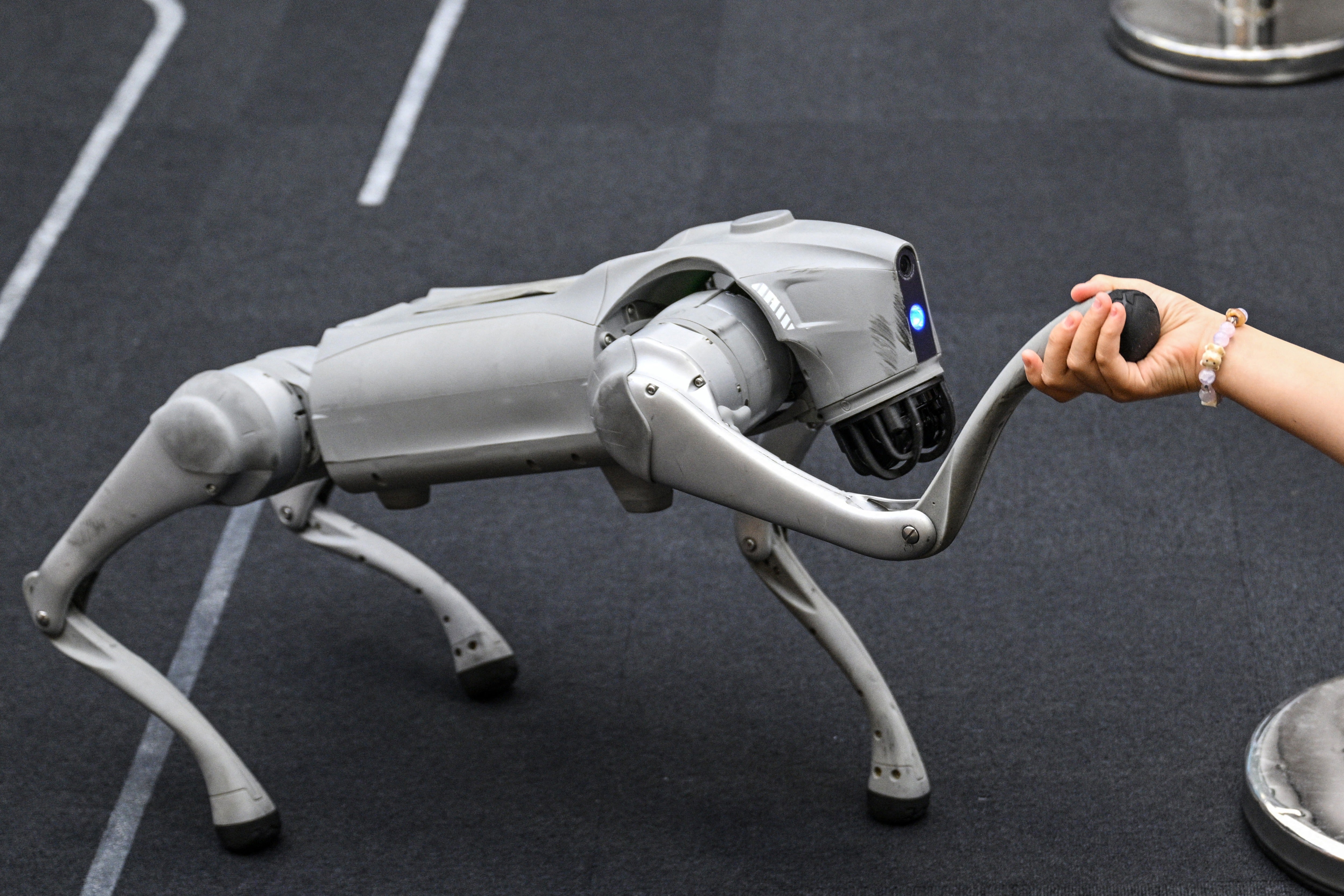A girl holds the hand of a remote-controlled robot by Unitree Robotics while visiting the Unitree Robotics Embodied Intelligence Experience Center in the Jing' an district in Shanghai
