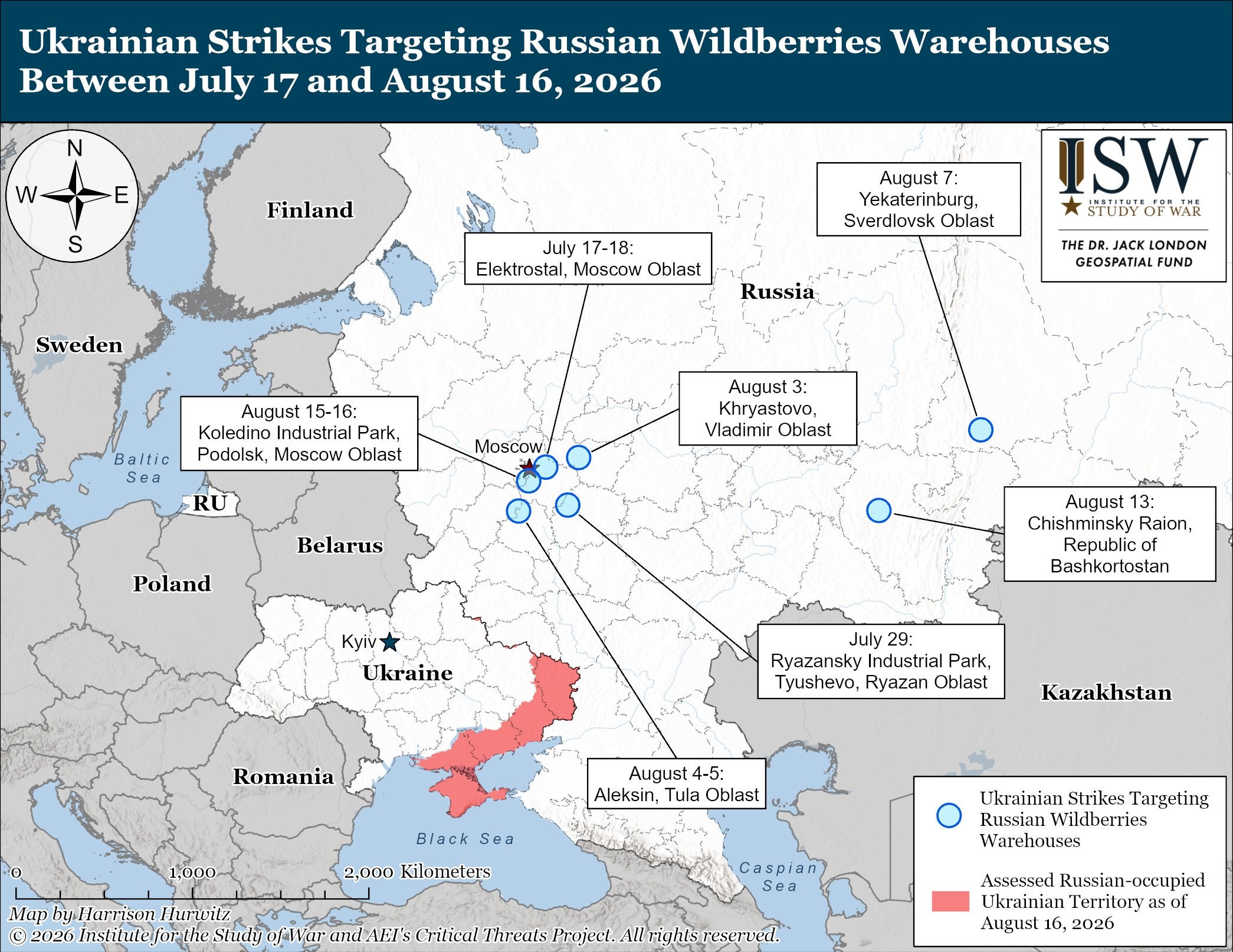 A map showing Ukrainian strikes targeting Russian Wildberries warehouses between 17 July to 16 August (X/ The Institute for the Study of War)