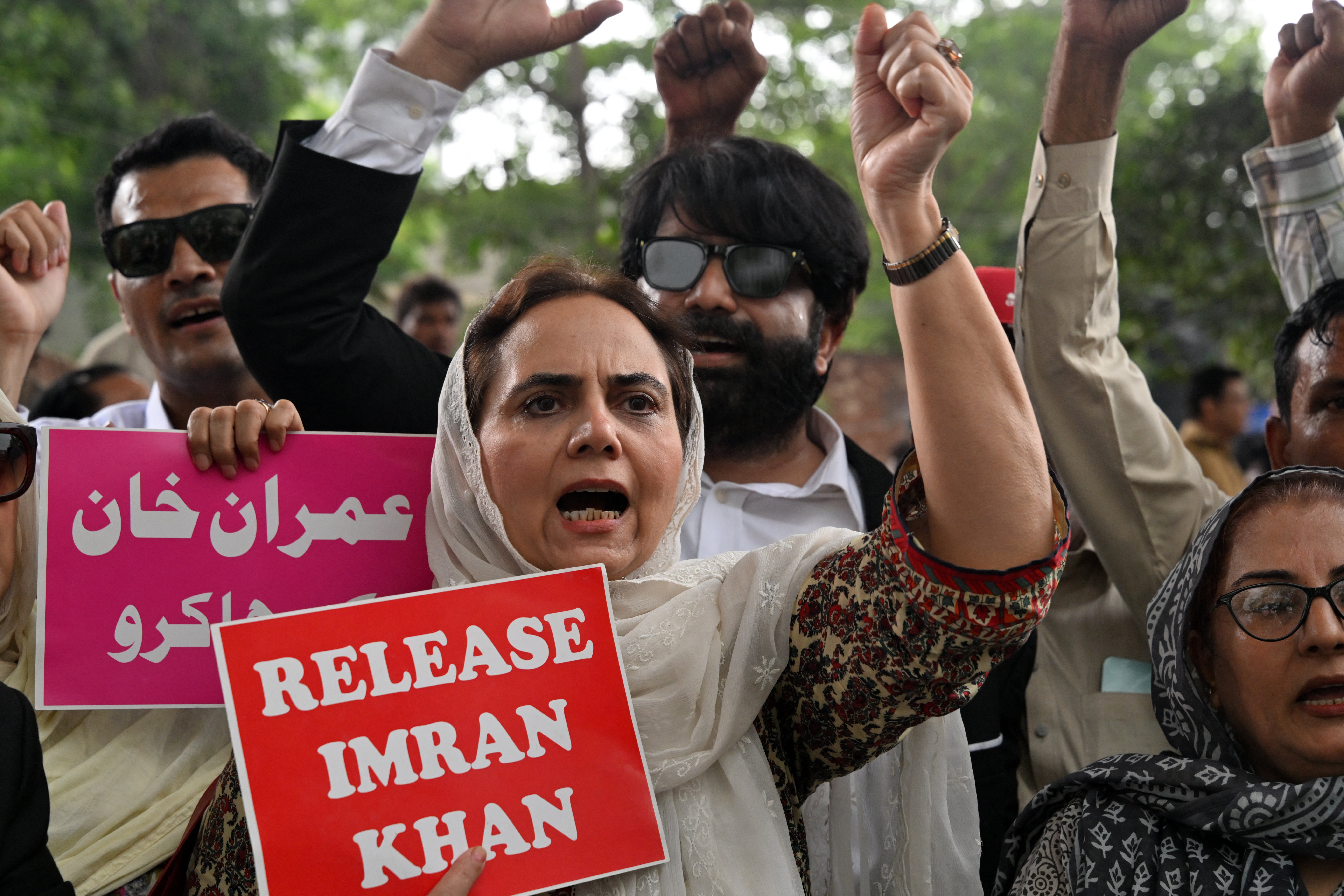 File. Pakistan Tehreek-e-Insaf (PTI) party supporters shout slogans during a protest demanding the release of their jailed leader and the country's former prime minister Imran Khan, in Lahore on 5 August 2026