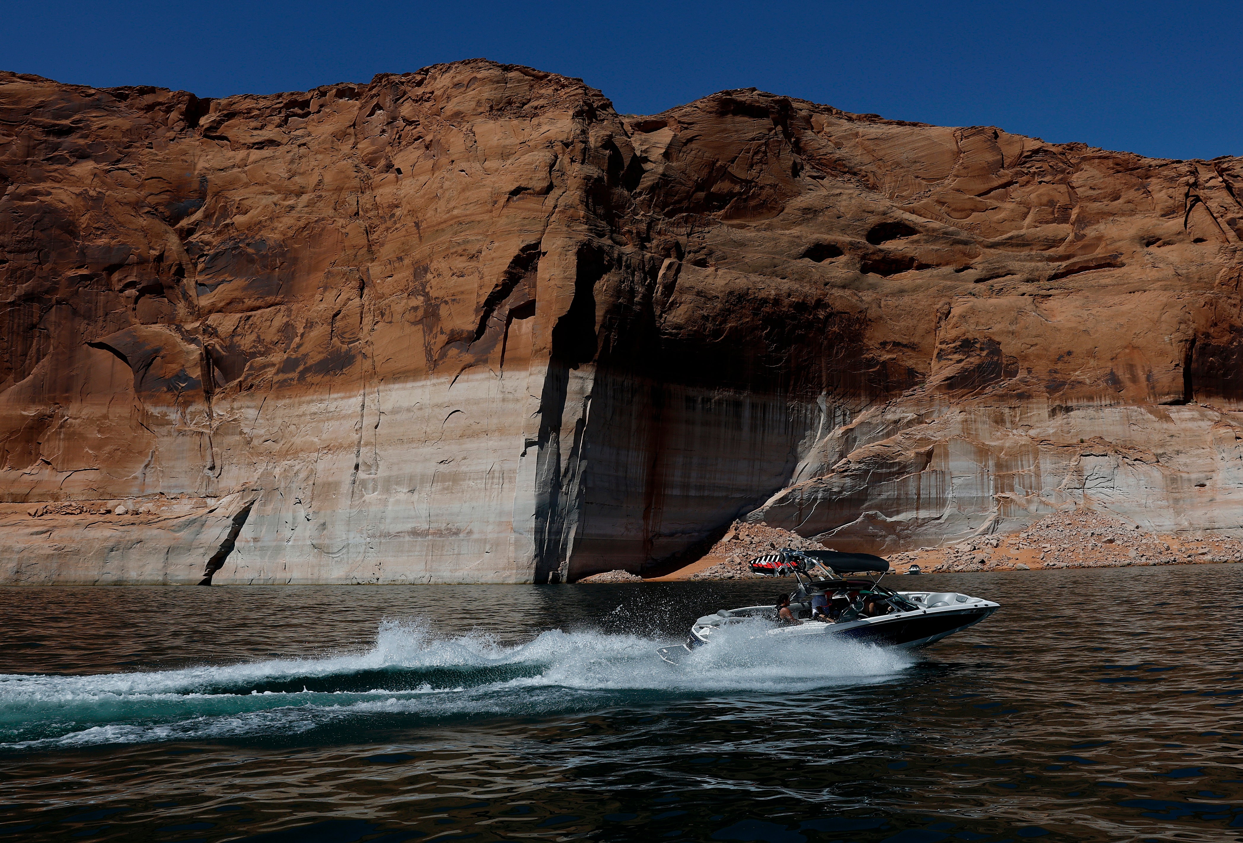 The Lake Powell reservoir is seen at record low levels in Page, Arizona, earlier this month. Drought in the state has paradoxically fueled more West Nile cases (Getty)