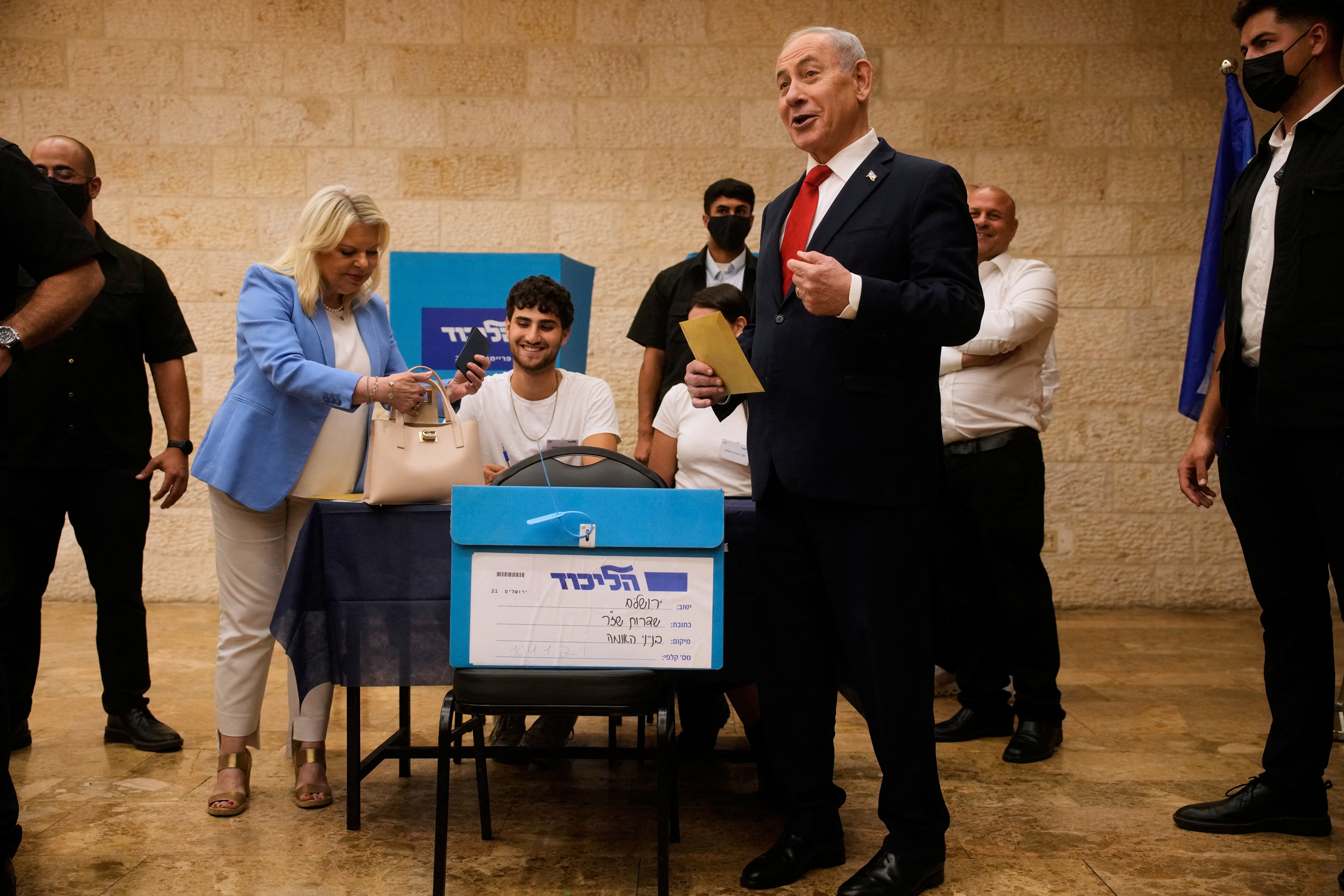 Israeli Prime Minister Benjamin Netanyahu and his wife Sara Netanyahu vote in Likud party primary elections ahead of Israel’s general election in October, in Jerusalem, Monday, August. 17, 2026.