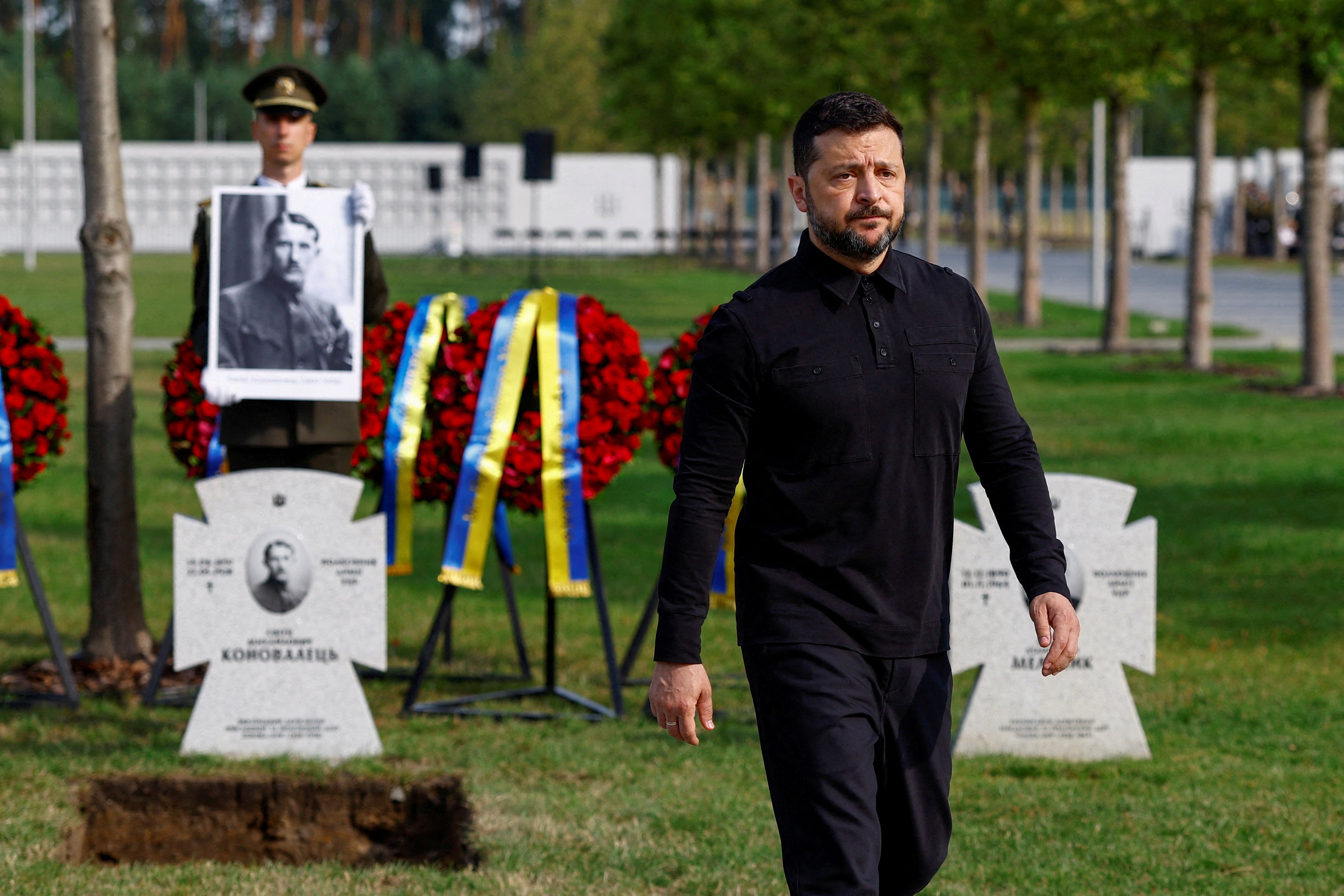 The Ukrainian leader at the National Military Memorial Cemetery outside of Kyiv