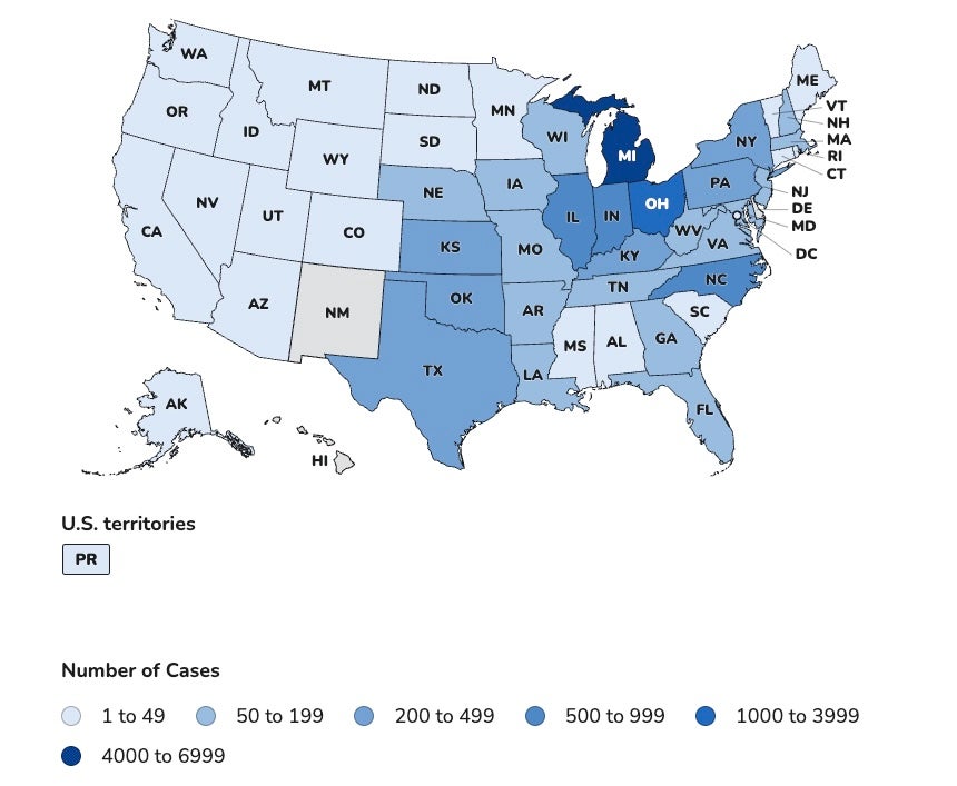 This Centers for Disease Control and Prevention map shows where cyclosporiasis cases are the highest and lowest throughout the U.S. Michigan has the most cases, shown in the darkest blue. The lightest blue states have the lowest number of cases and grey states have reported none (CDC)