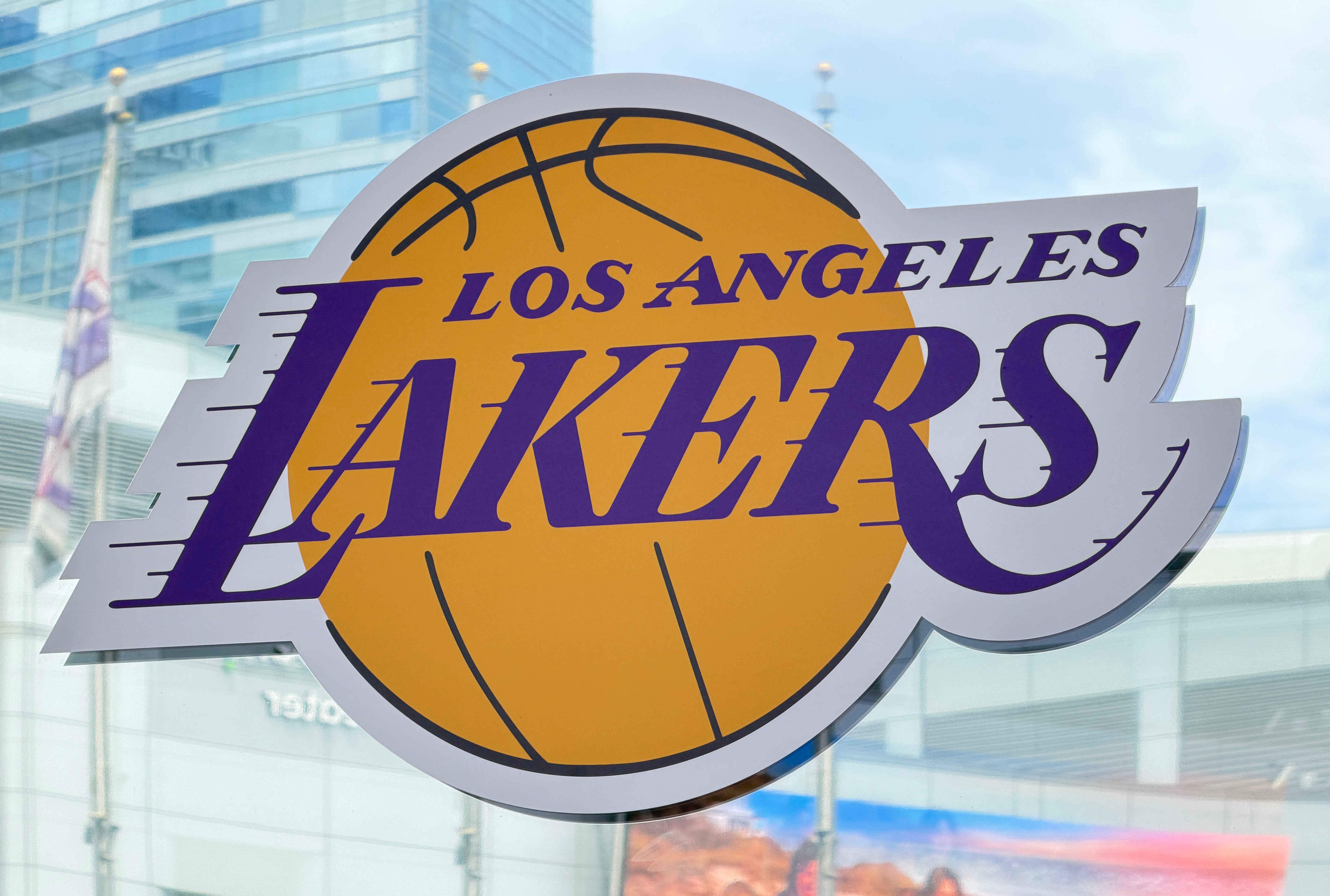 The Lakers logo is displayed outside Crypto.com Arena, home of the NBA's Los Angeles Lakers