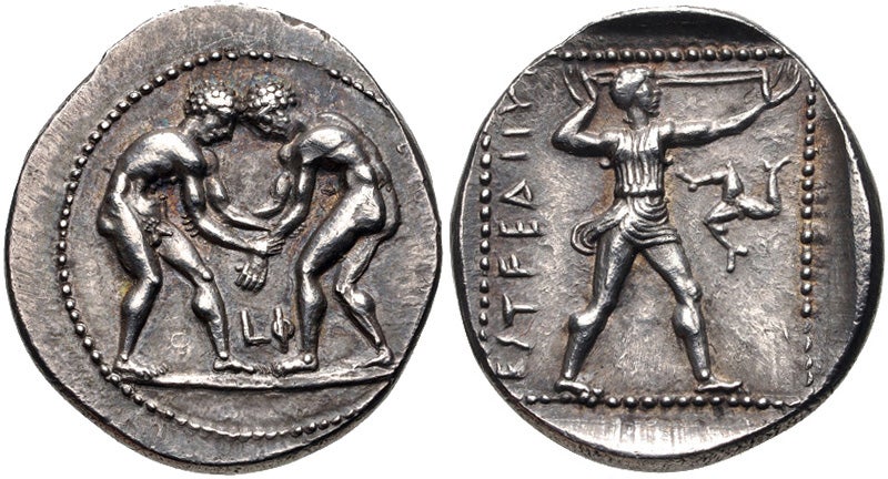 Silver coins from Aspendos depicting a slinger (left) and wrestlers (right)