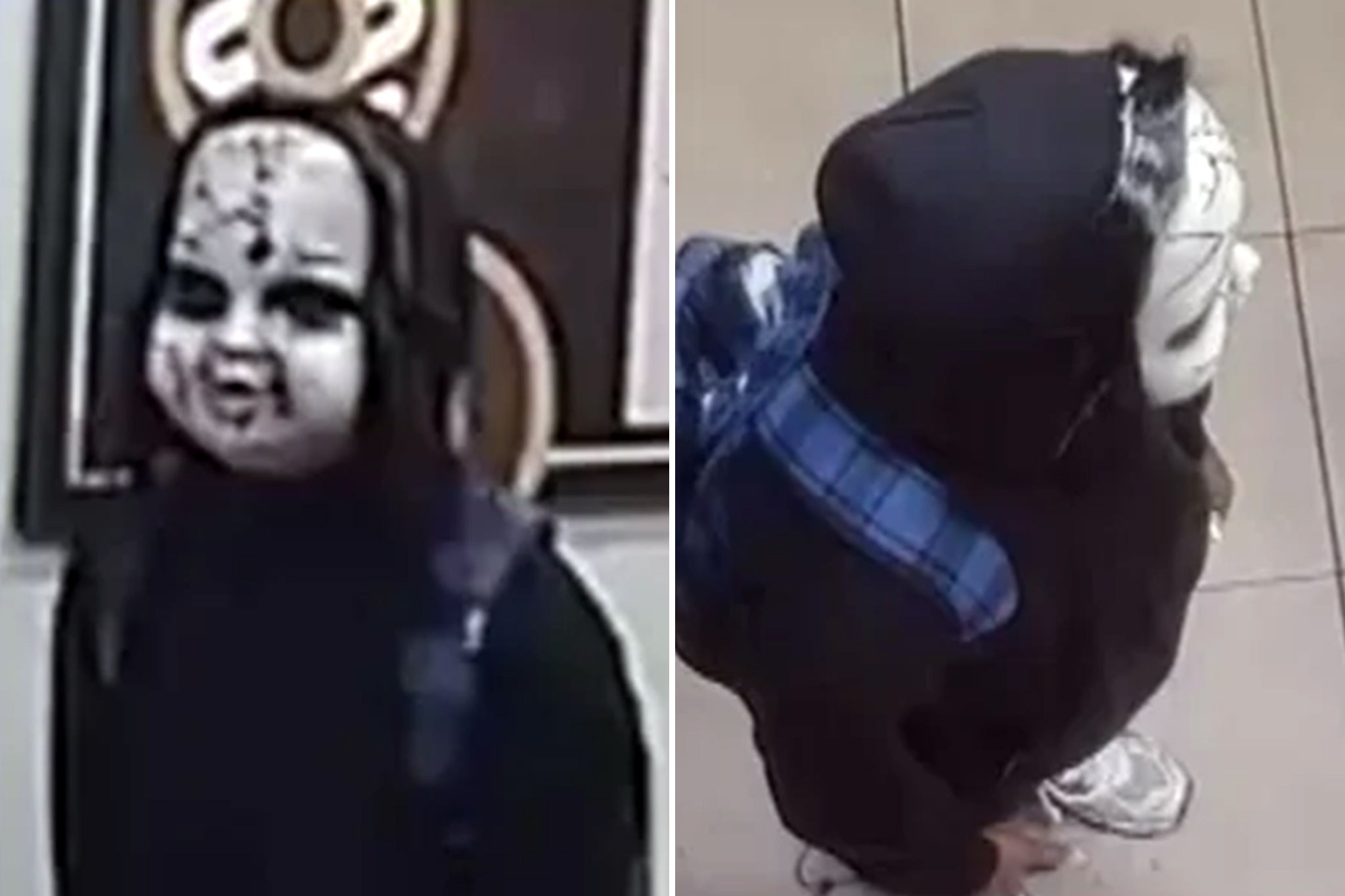 Police released pictures of a man in a Chucky doll Halloween-style face mask