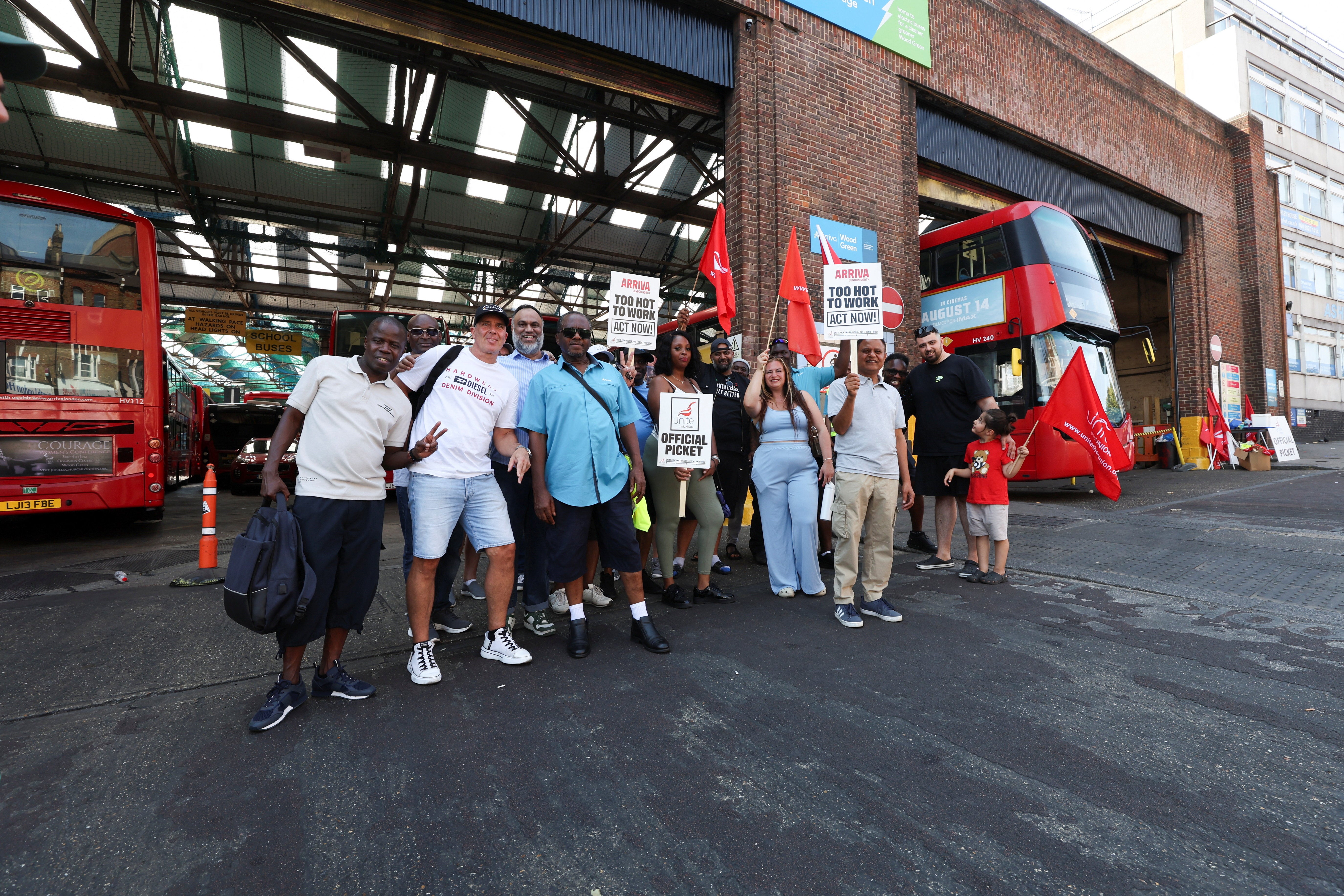 Arriva North London bus drivers and staff members protest over hot working conditions outside Wood Green Bus Garage