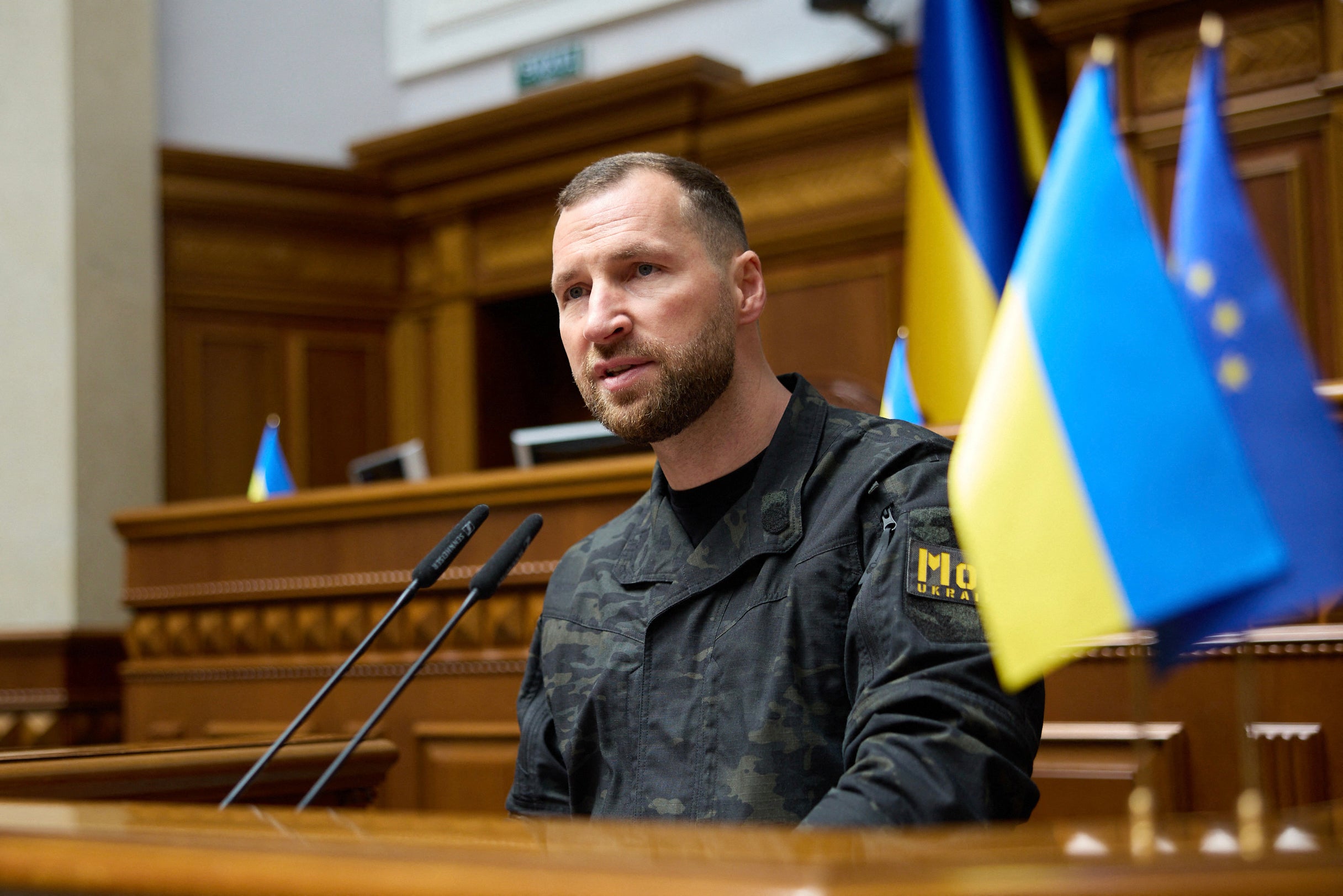 Acting Ukraine's Defence Minister Yevgeniy Khmara addresses members of the Ukrainian parliament before they vote to elect Ukraine's new defence minister in Kyiv on August 19, 2026, amid the Russian invasion of Ukraine. (AFP/Getty)
