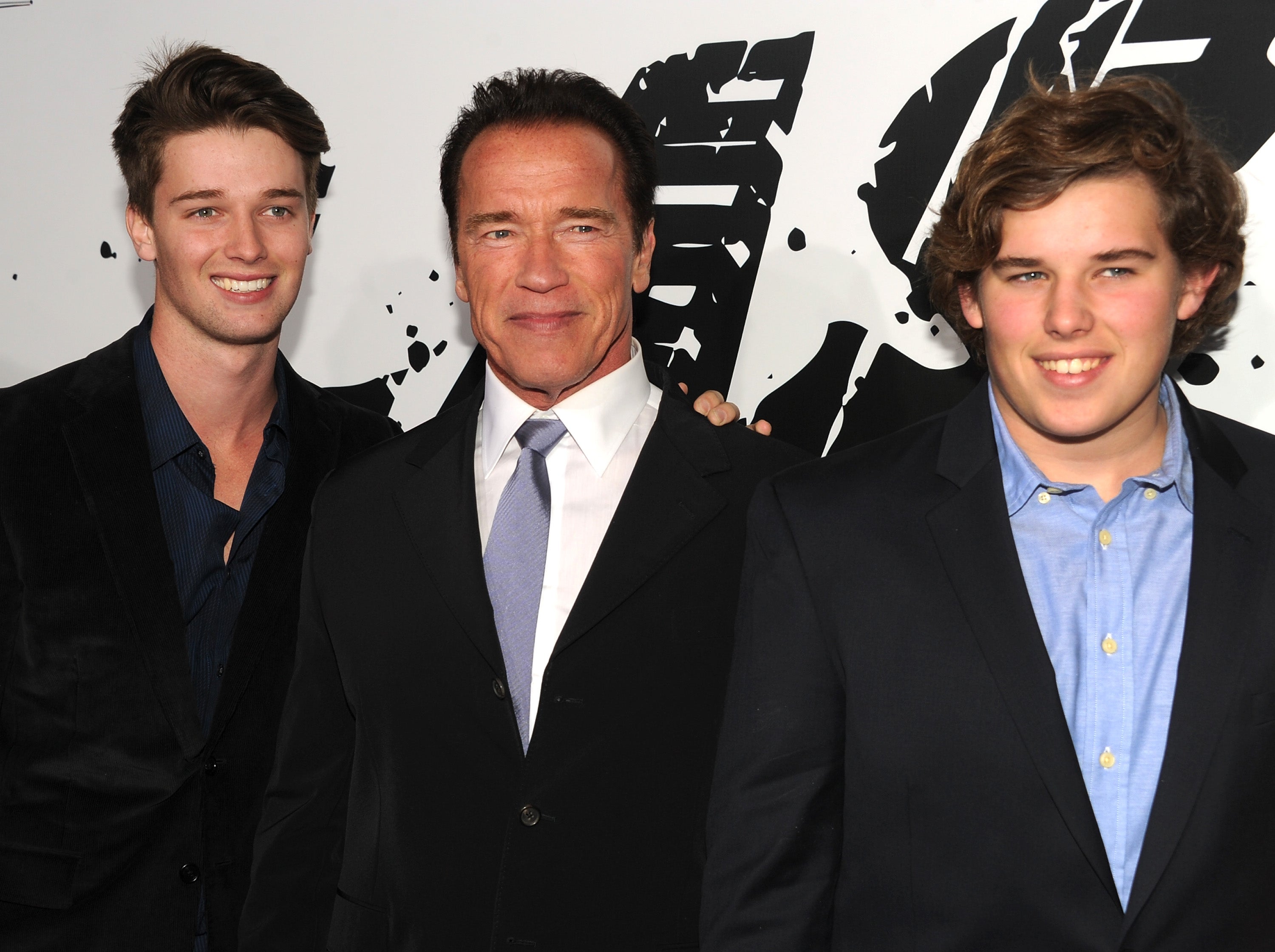 Patrick, Arnold, and Christopher Schwarzenegger, pictured at the premiere of ‘The Last Stand’ in 2013 (Getty)