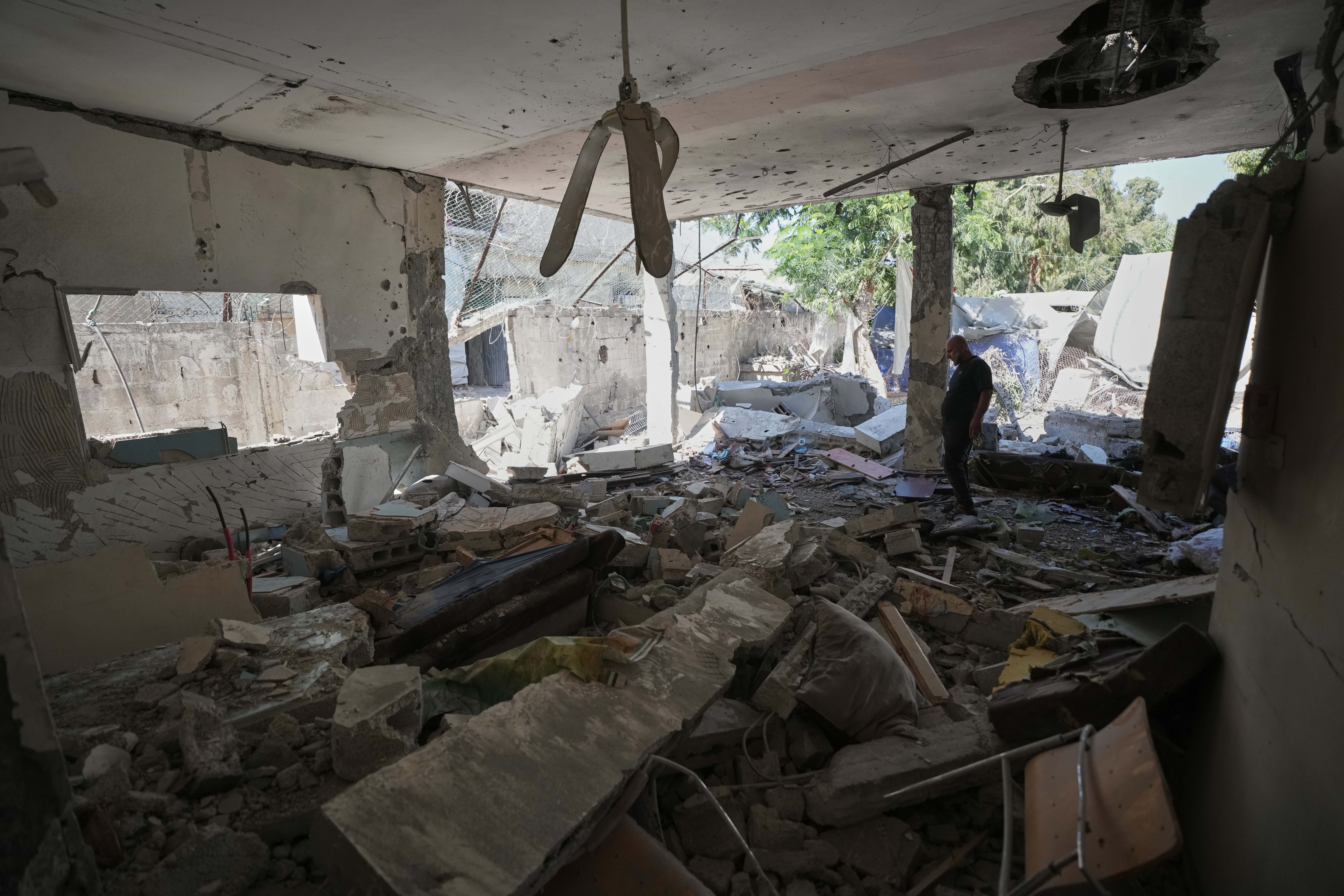 A police station that was hit by an Israeli airstrike in Gaza City on Wednesday (AP)