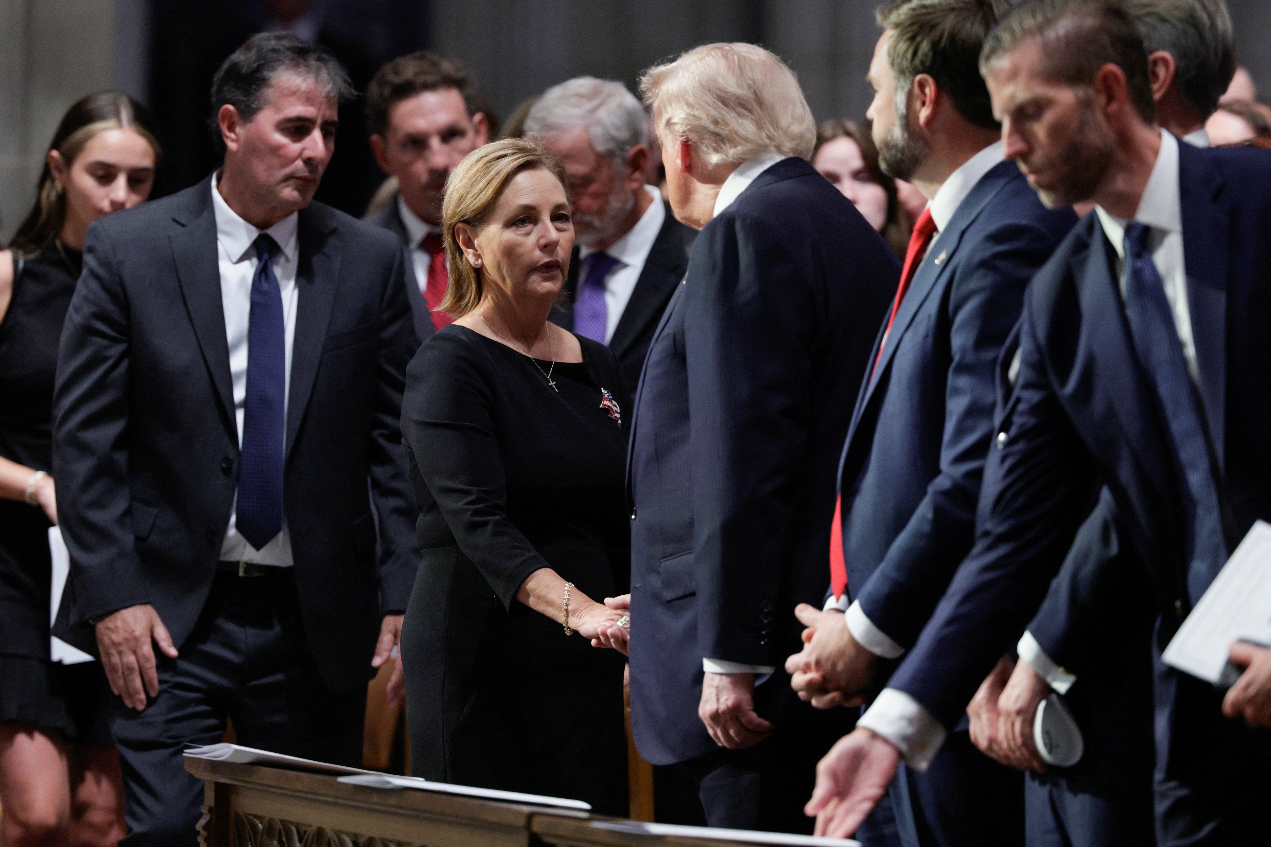 Darline Graham, pictured shaking hands with President Trump at Lindsey Graham’s funeral, has enjoyed the full support of the president as she pursues the South Carolina senator’s seat for a full six-year term