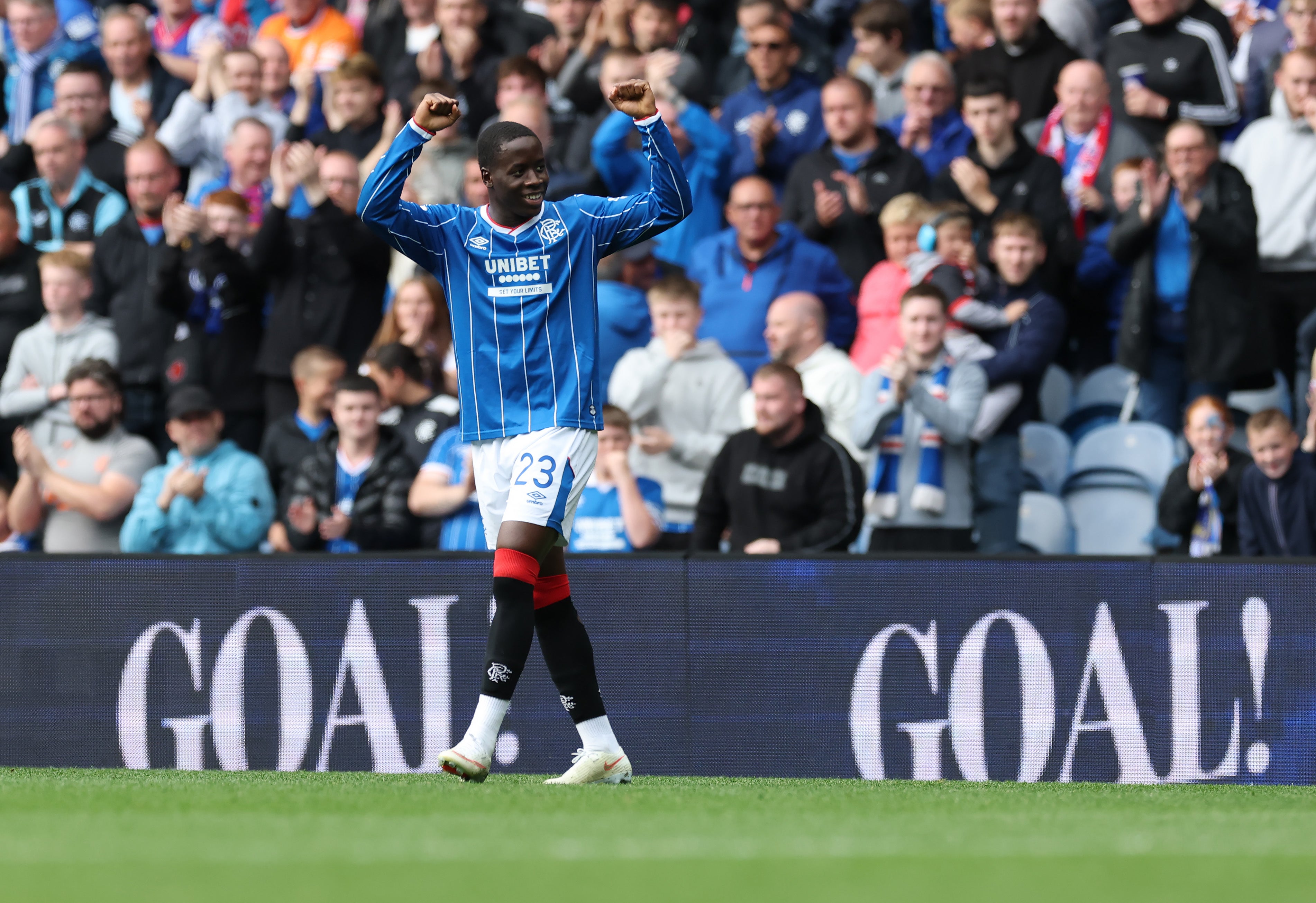 Djeidi Gassama of Rangers celebrates after scoring against St Mirren