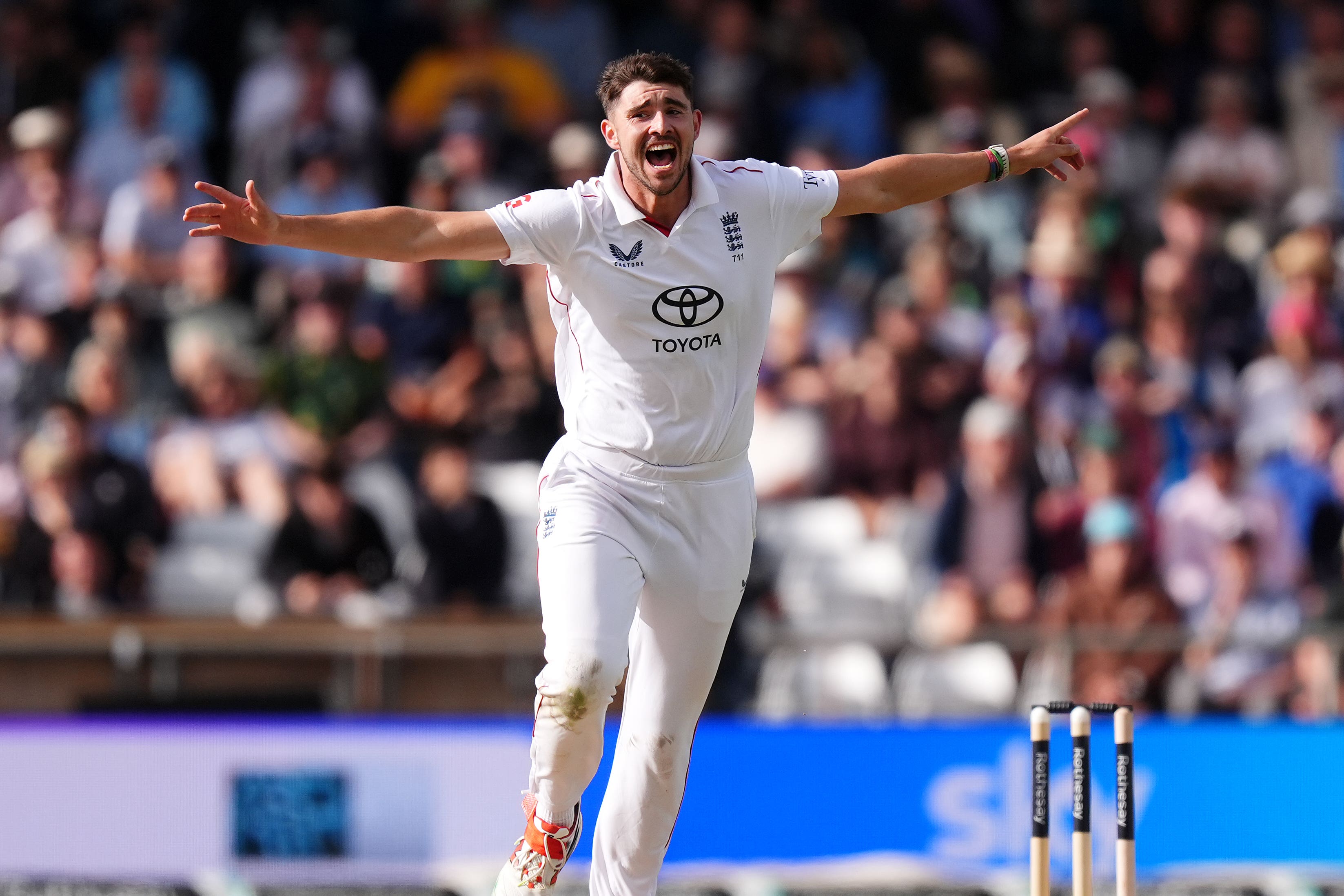 Josh Tongue celebrates a wicket (Mike Egerton/PA)
