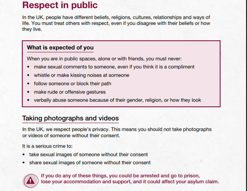 Migrants are warned against following people and making rude gestures