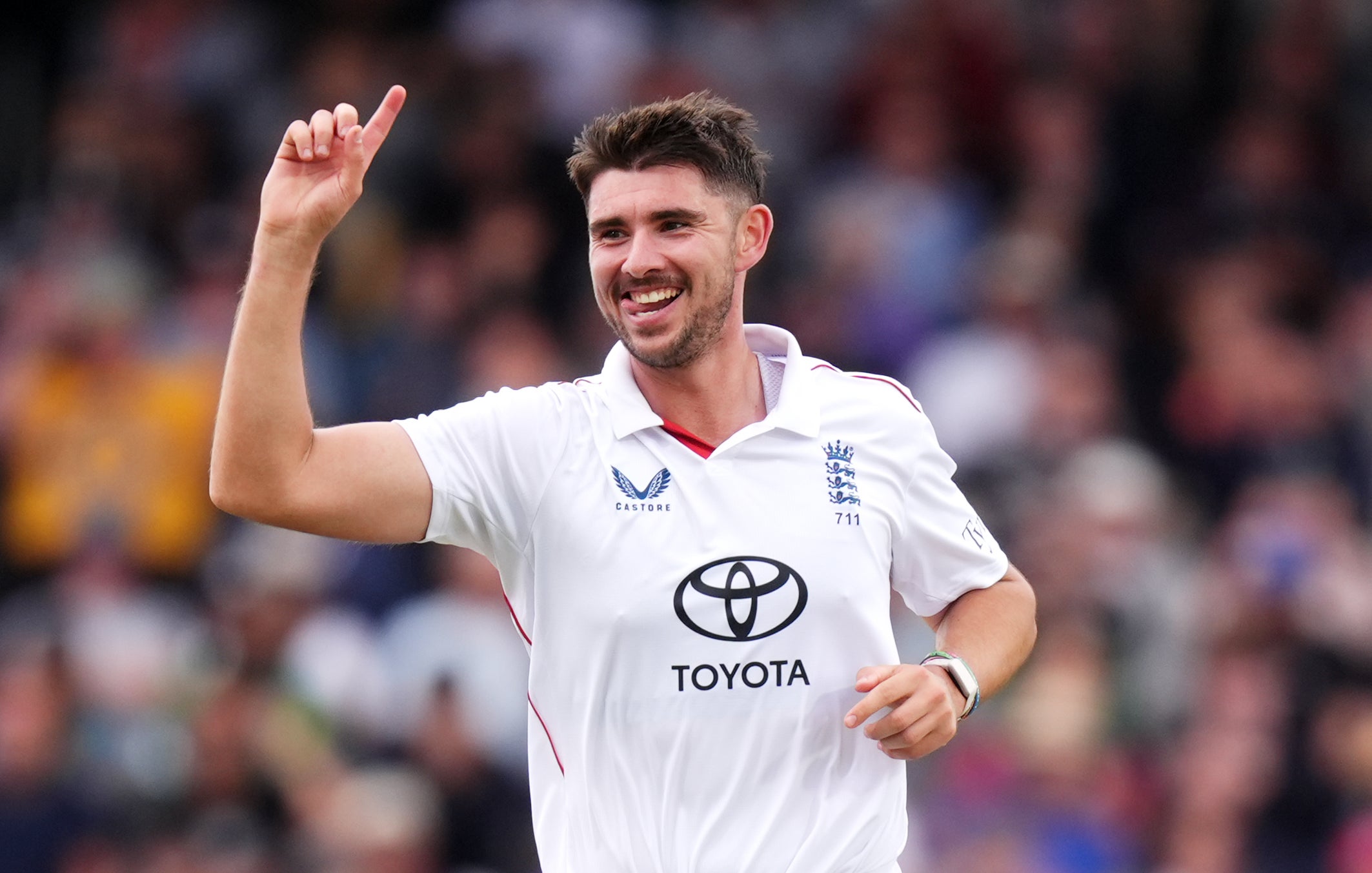 Josh Tongue celebrates the wicket of Pakistan’s Ali Usman (Mike Egerton/PA)