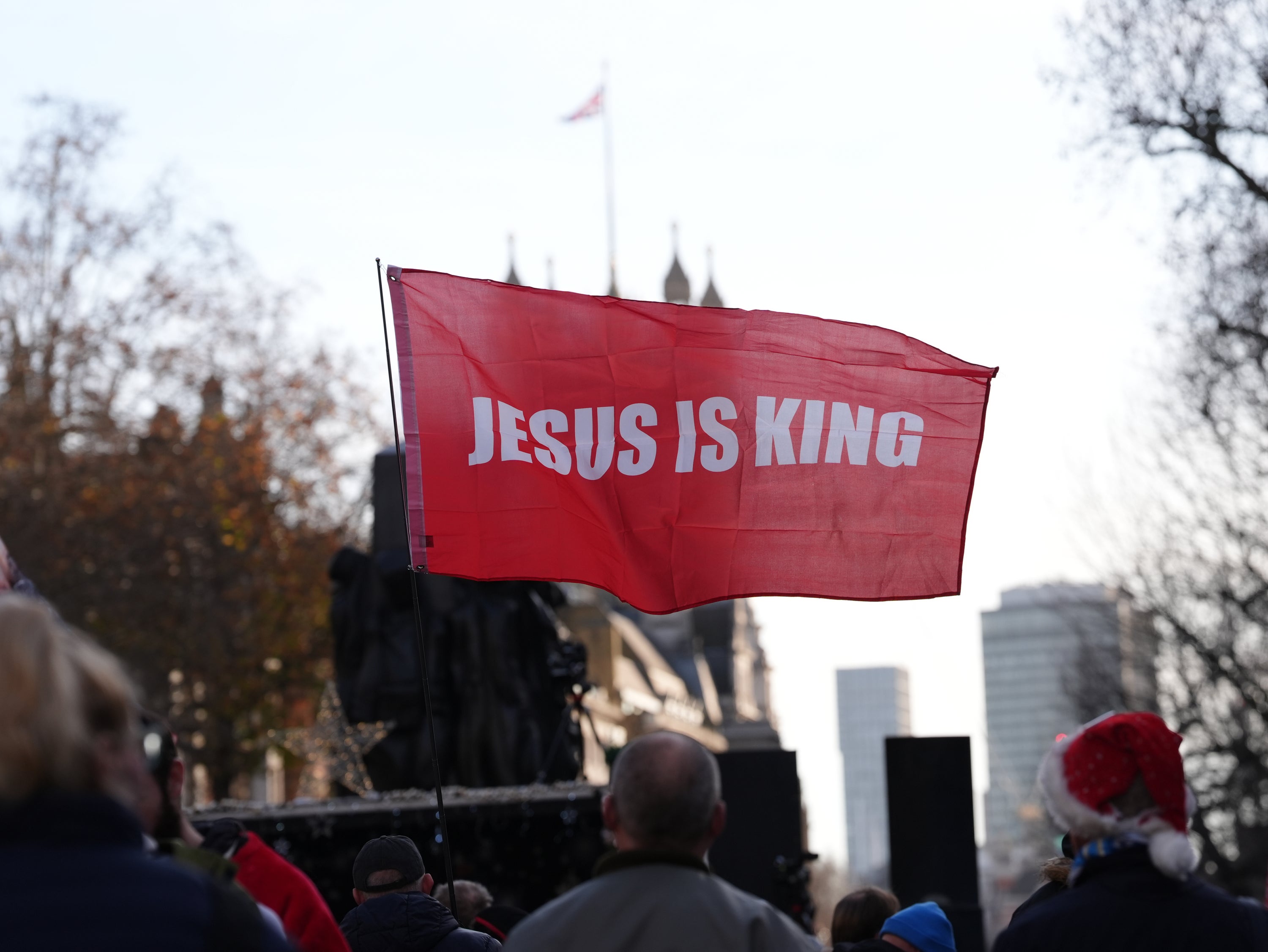 A Christmas carol service was held in Whitehall, London, organised by Tommy Robinson’s Unite the Kingdom movement (Jonathan Brady/PA) (PA Archive)