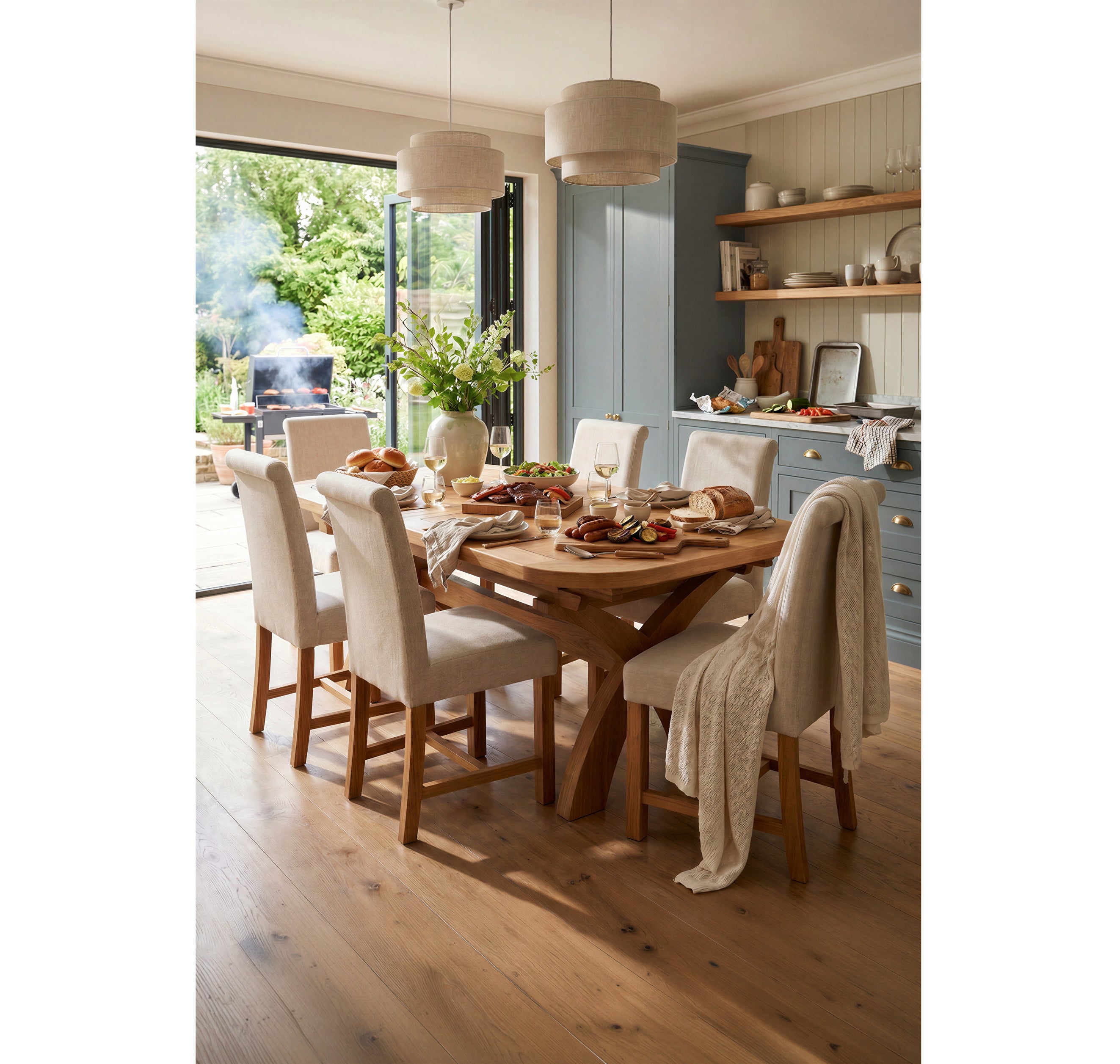Olympia Extending 180cm Solid Oak Dining Table with 6 Natural Braced chairs(Oak & More/PA)