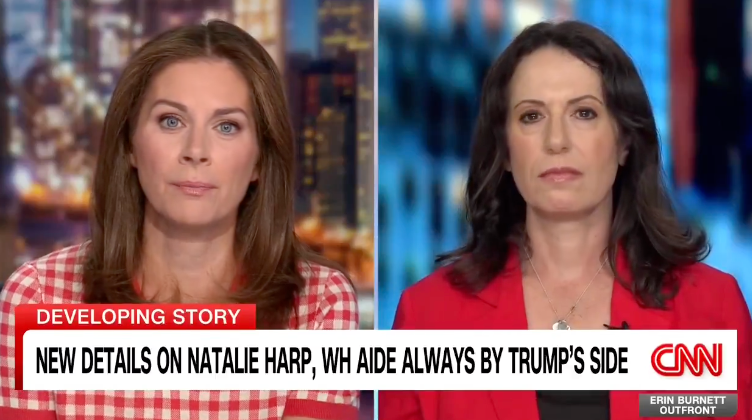 Maggie Haberman (right), who has reported extensively on Harp’s proximity to the president, was asked Wednesday by CNN’s Erin Burnett (left) what other White House staffers ‘think about her role’