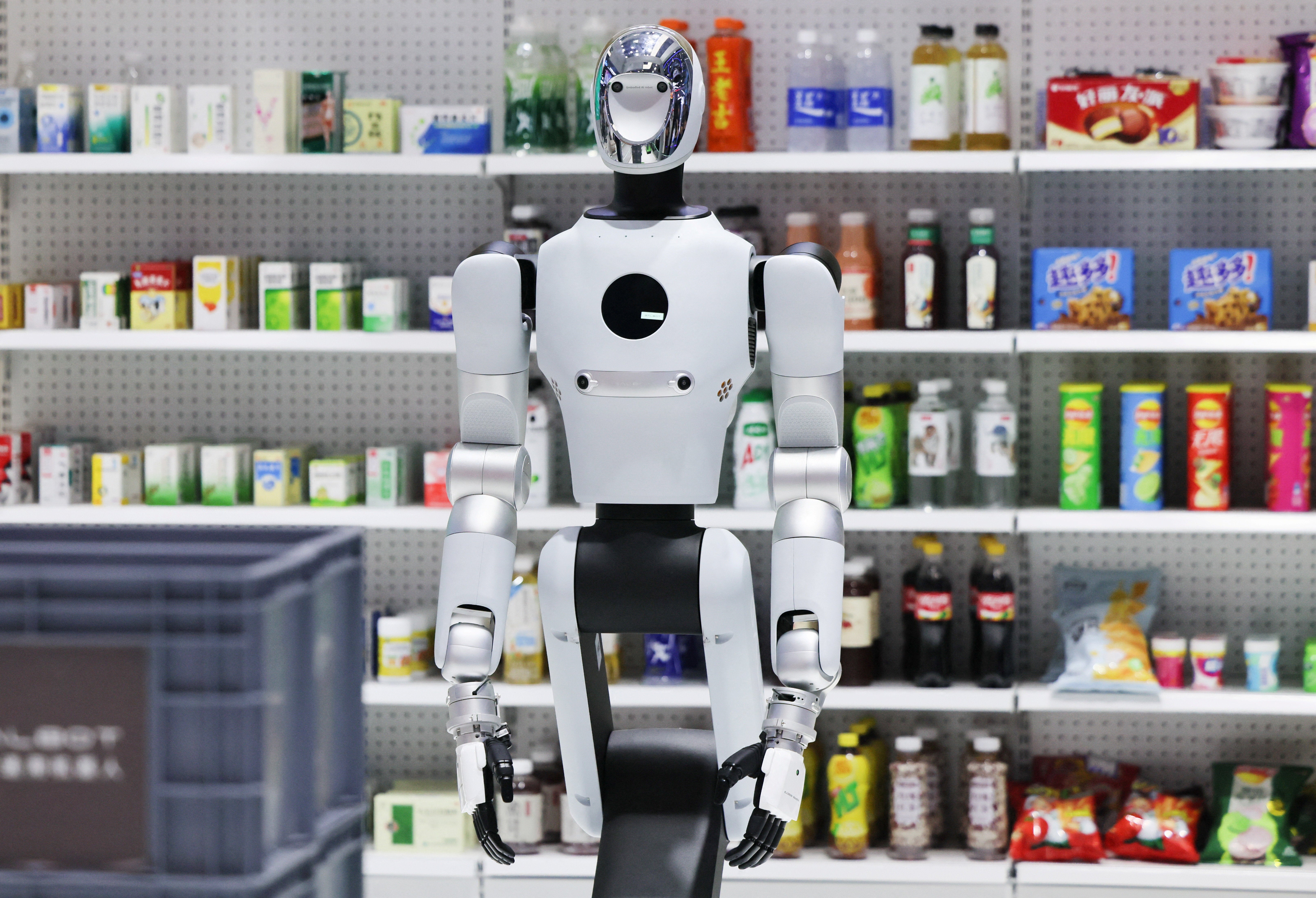 A Galbot G1 robot displayed next to shelves with goods at the company's booth at the 2026 World Robot Conference (Reuters)