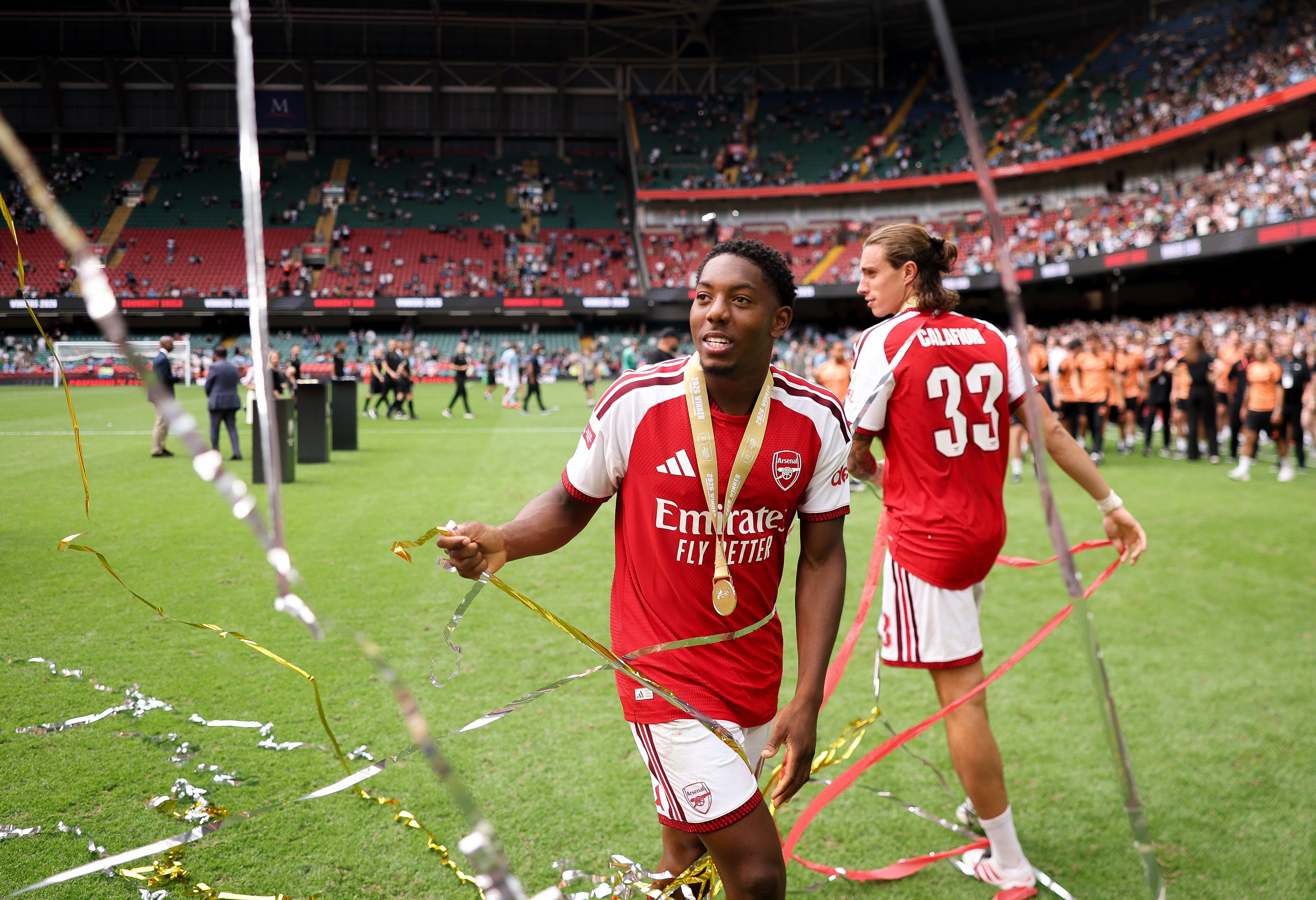 Myles Lewis-Skelly celebrates Arsenal's Community Shield victory