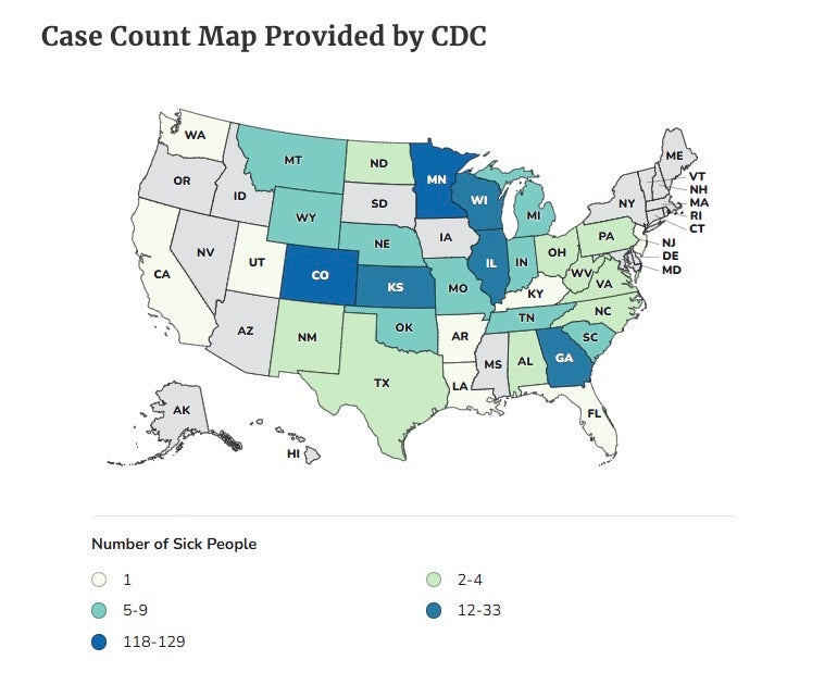 This map shows the number of cases tied to an outbreak of salmonella linked to jalapeños in the U.S. The darkest blue states are the most impacted, those in lighter blue and darker green are moderately impacted and those in lighter green and yellow have under five cases (FDA/CDC)