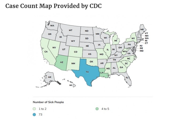 This map shows the number of cases tied to an outbreak of salmonella linked to eggs in the U.S. Texas, in blue, has the highest number of cases and moderately impacted states are in green. States with just a couple of cases are in yellow (FDA/CDC)