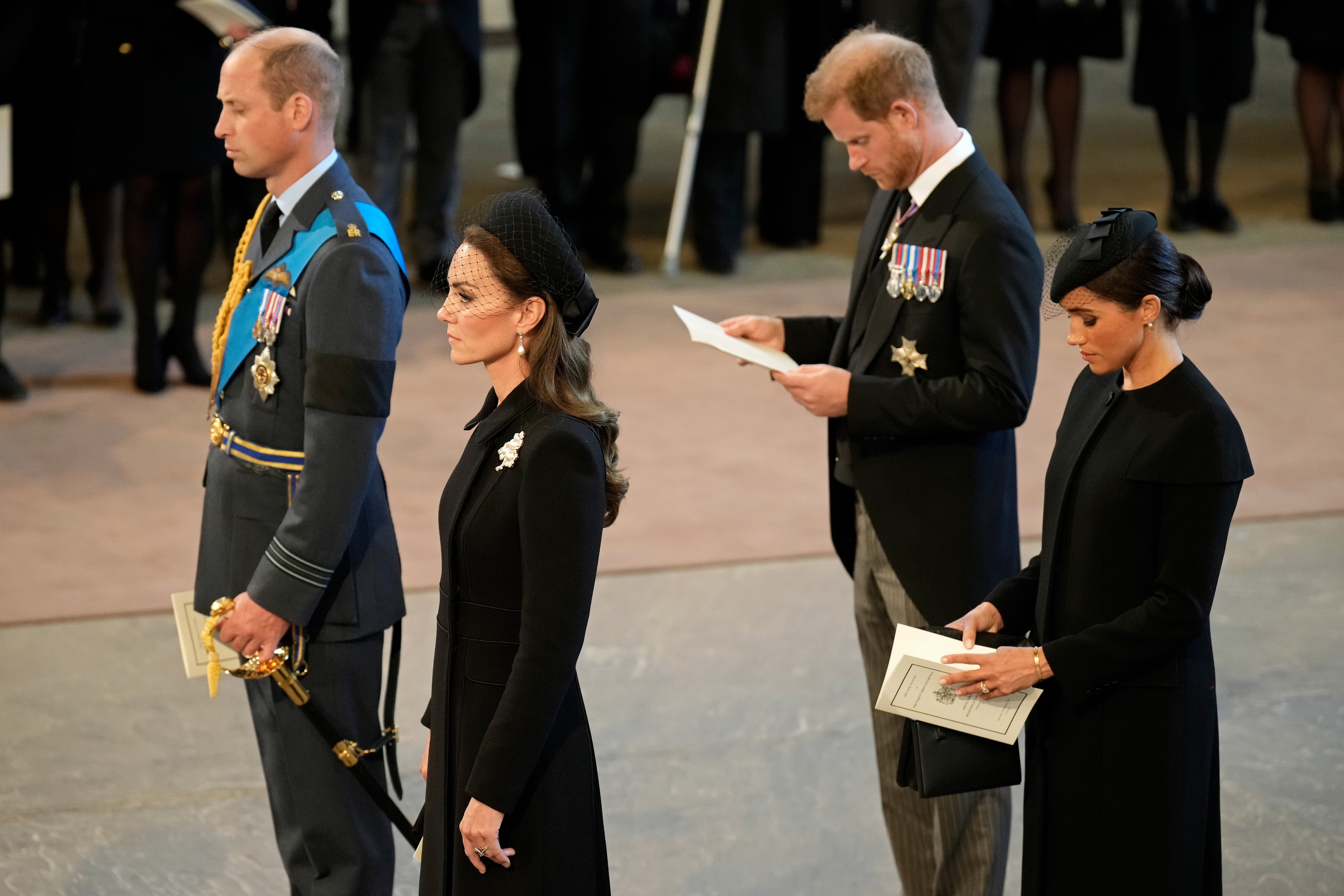 The Prince and Princess of Wales and the Duke and Duchess of Sussex at the late Queen’s lying in state in 2022 (Christopher Furlong/PA) (PA Archive)