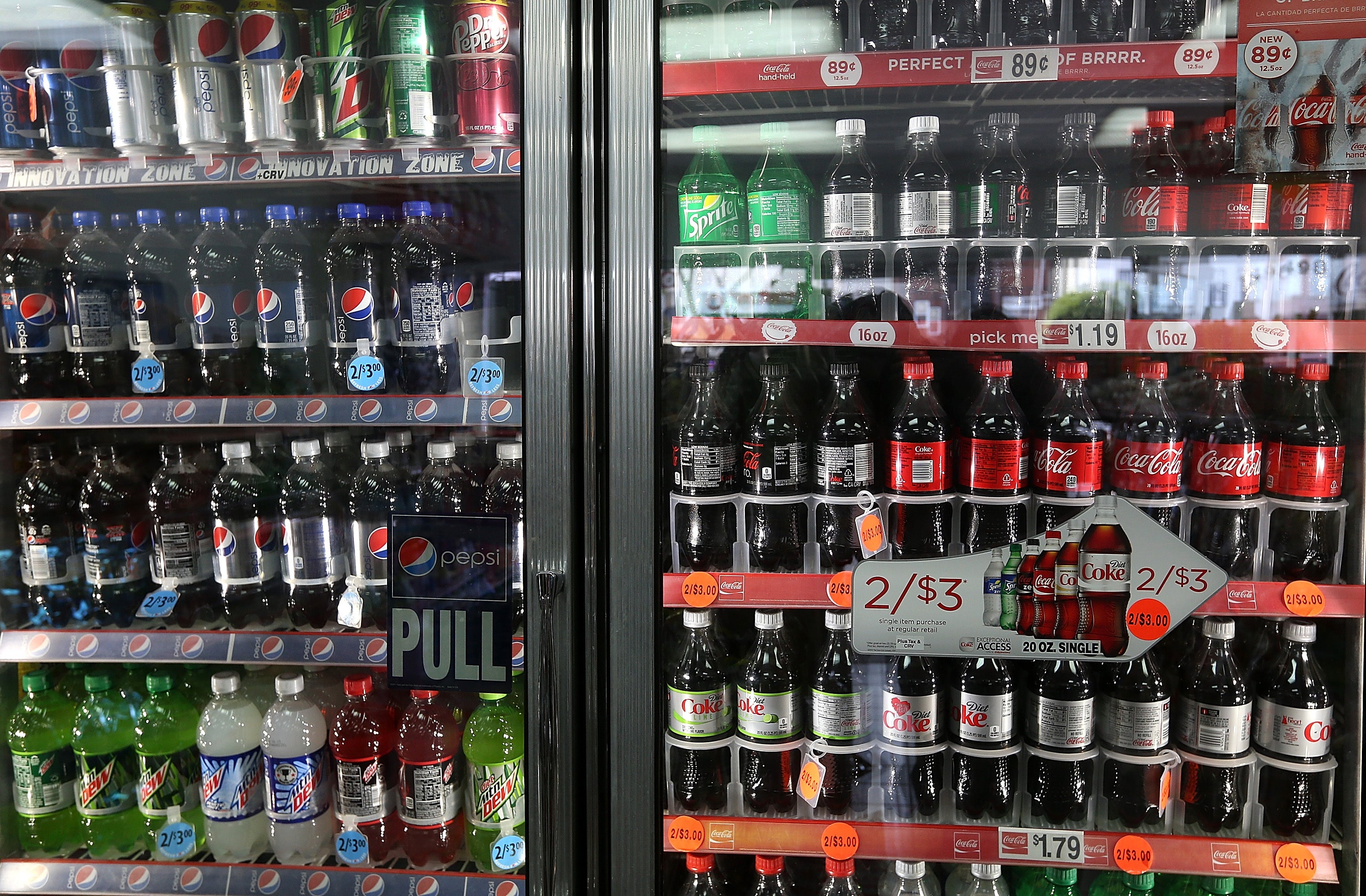Soft drinks sit in a cooler in San Francisco, California, in March 2013. New research shows an association between drinks with high fructose corn syrup and stomach cancer