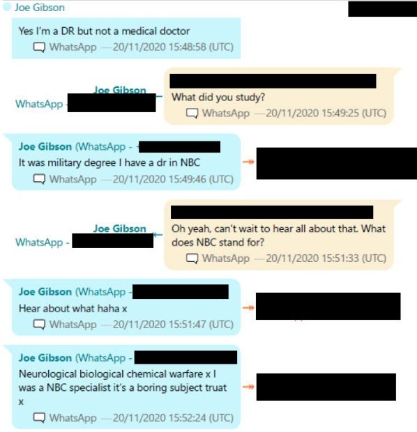 Gibson tells one victim he has a military degree in neurological biological chemical welfare (Avon and Somerset Police)