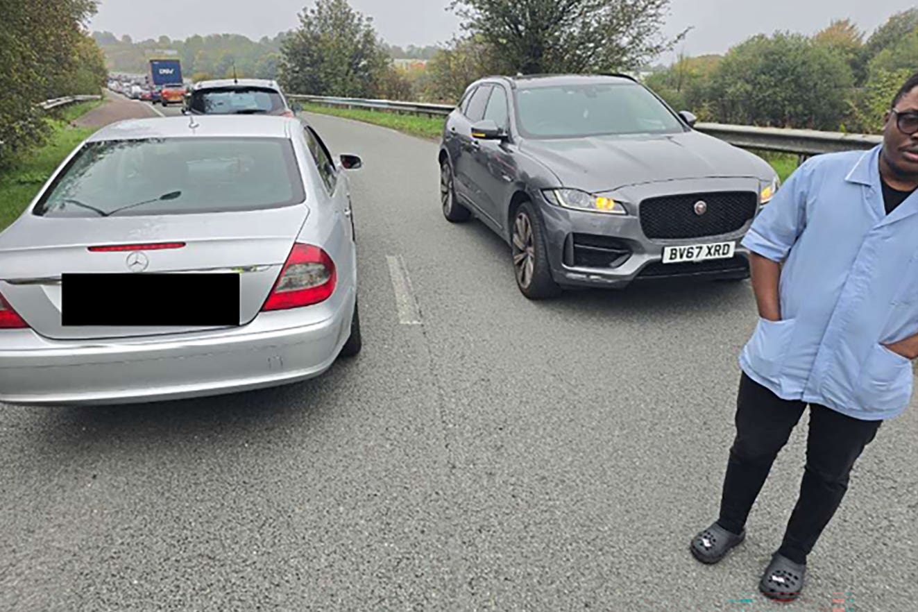 Innocent Ayodele (half cut off at the right) apologised to a court in May after he was caught trying to escape a traffic jam on the M61 by driving the wrong way up an entry slip road (PA Media)