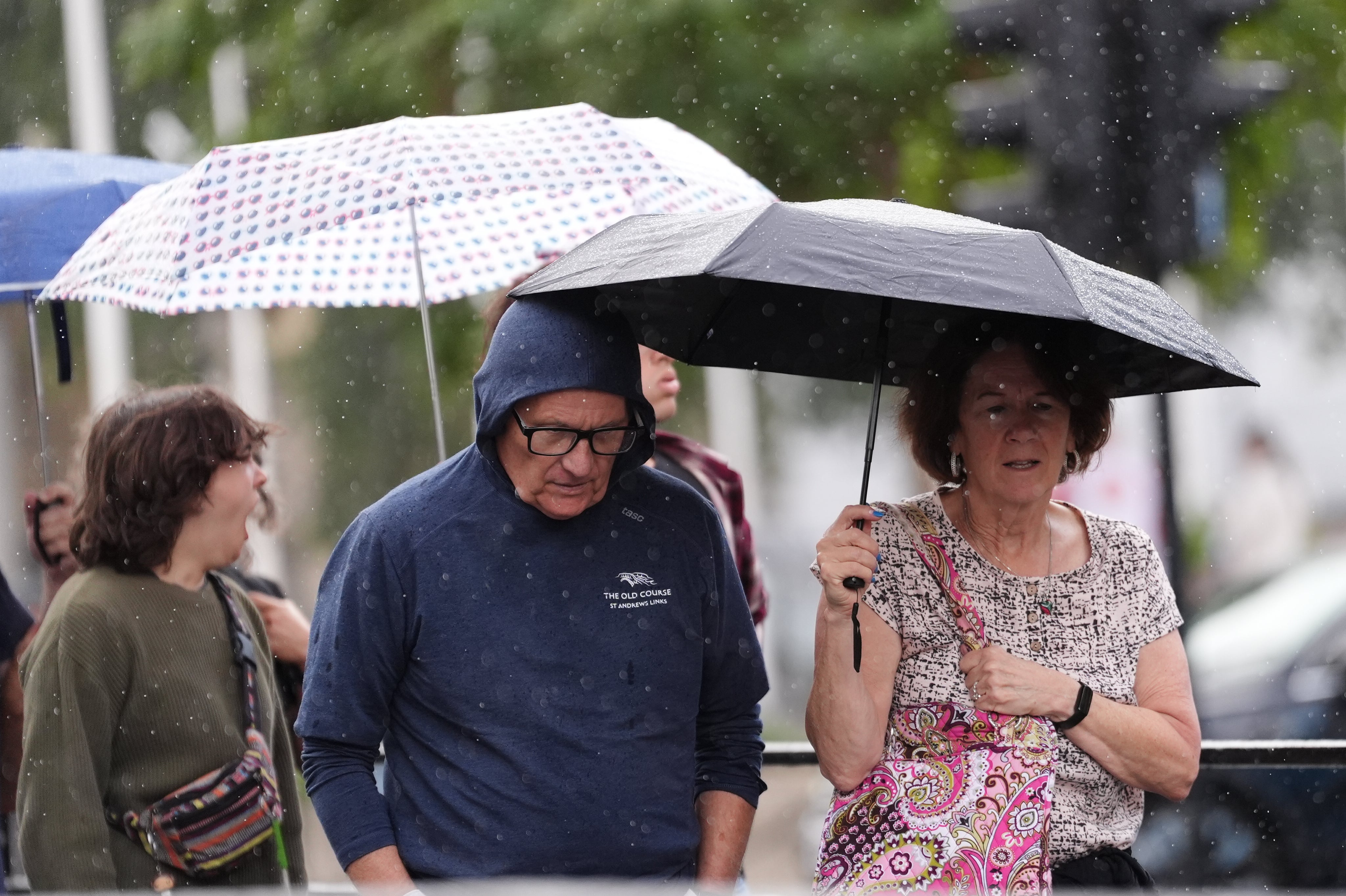 People shelter under umbrellas from the rain in Whitehall, central London