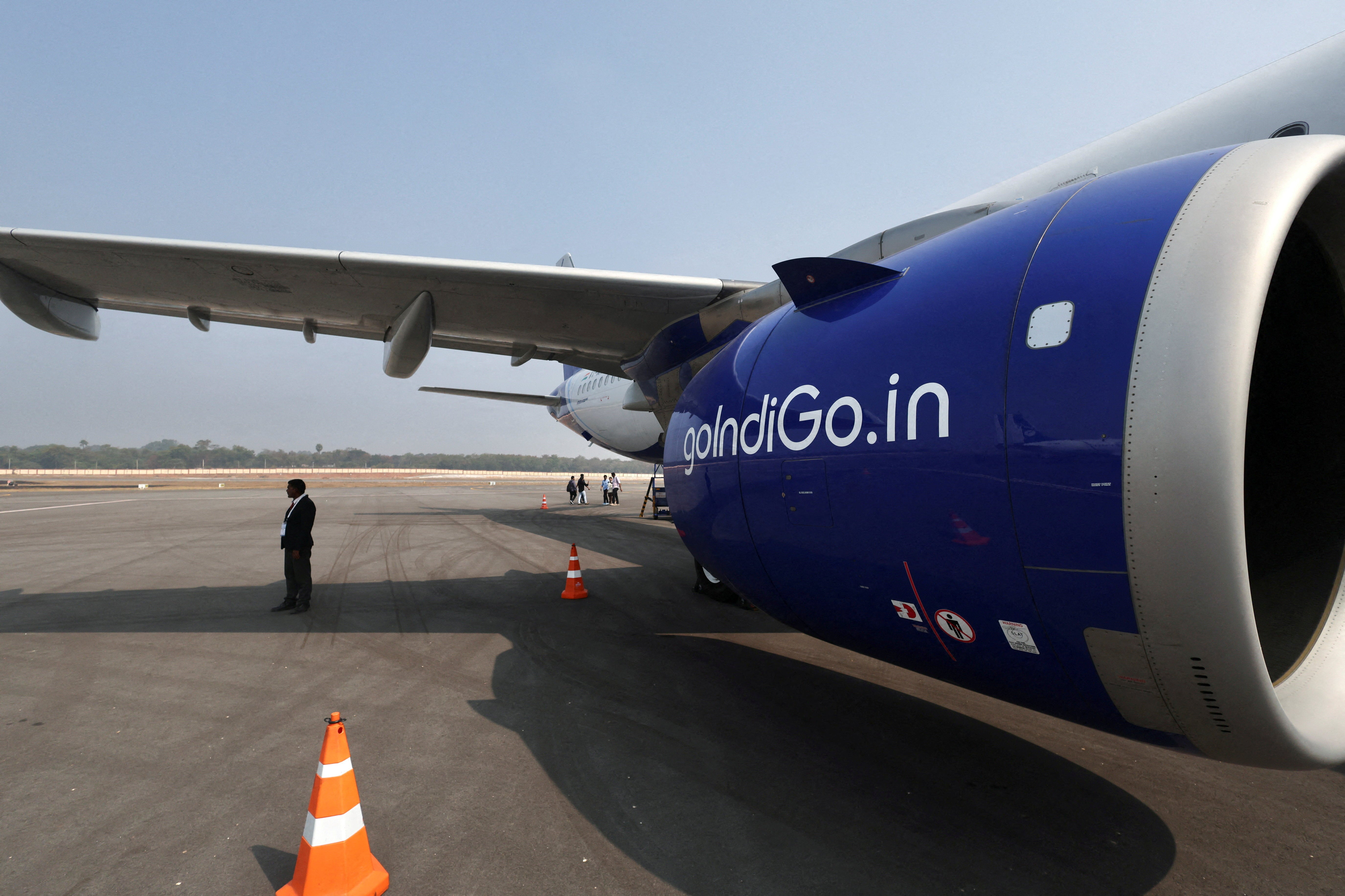 IndiGo aircraft is displayed during the Wings India 2026 civil aviation show at the Begumpet airport in Hyderabad, India, on 29 January 2026