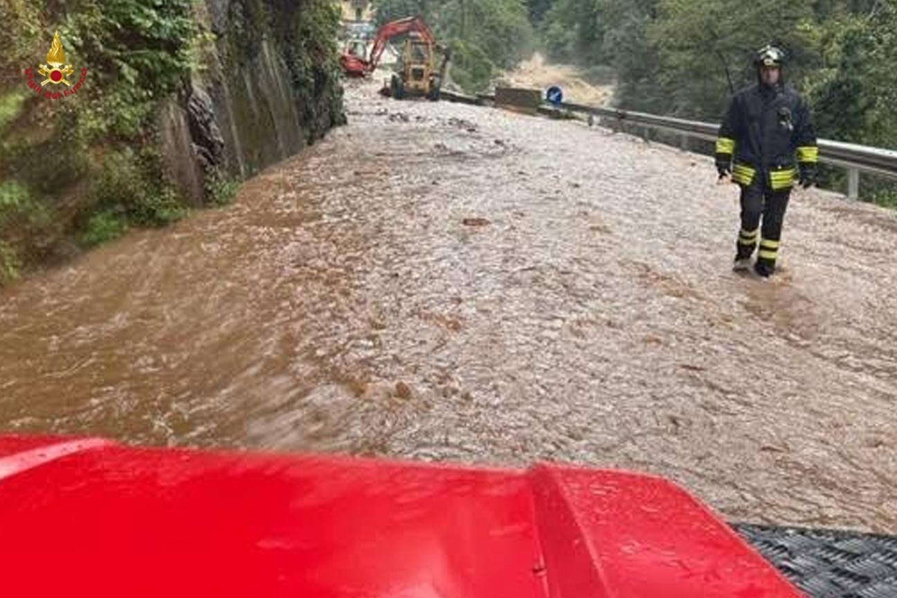 A flooded road in northern Italy. An urgent yellow flood warning was issued on Thursday for the wider Liguria region