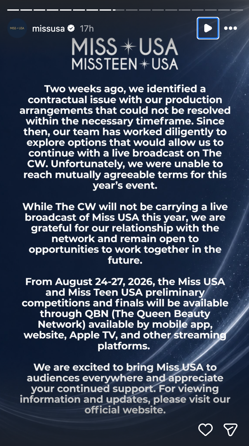 The pageant shared a statement on Instagram announcing the change (Miss USA/Instagram)