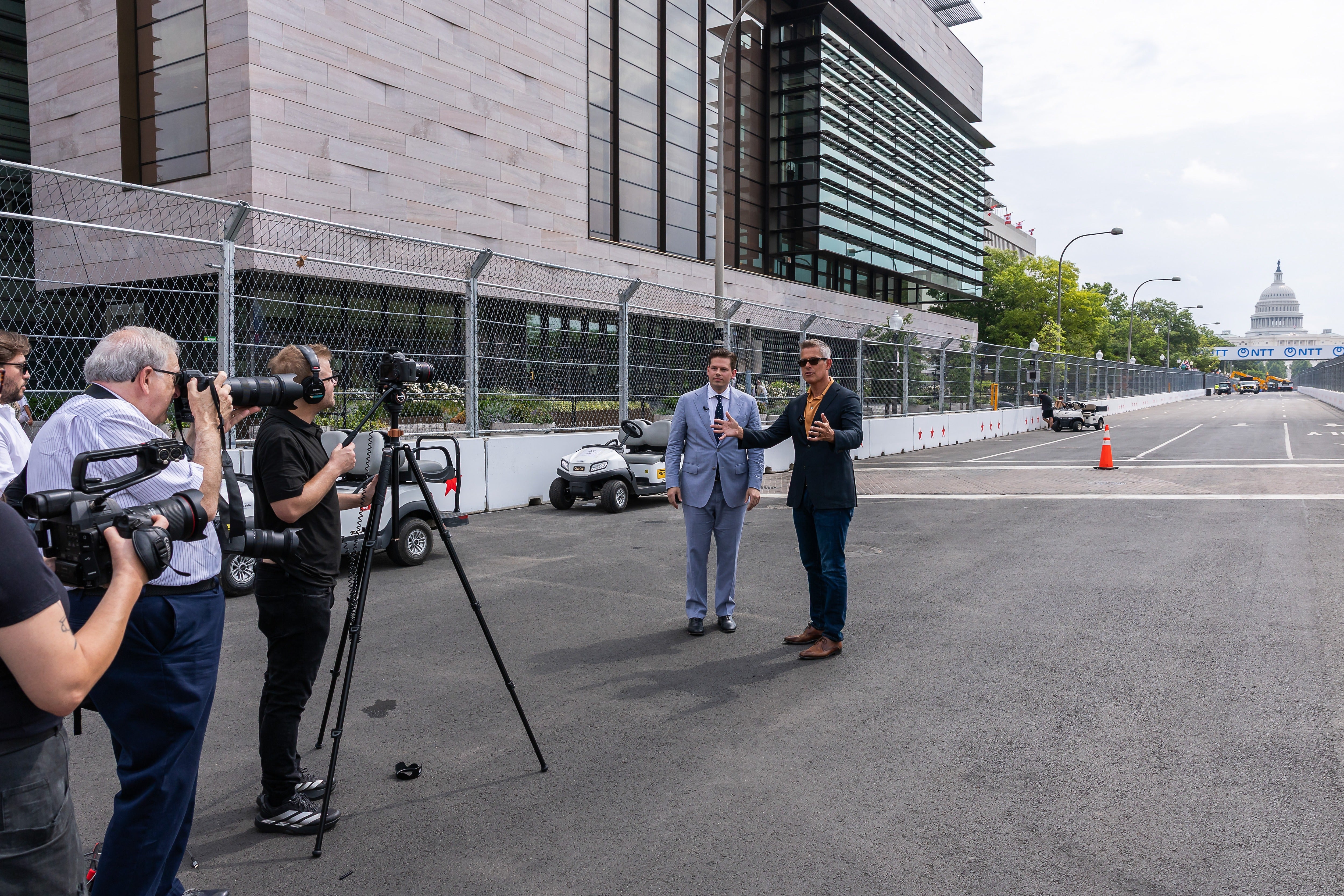 Secretary of Transportation Sean Duffy conducts an interview on the Freedom 250 Grand Prix track outside of the National Gallery of Art on August 20, 2026 in Washington, DC.