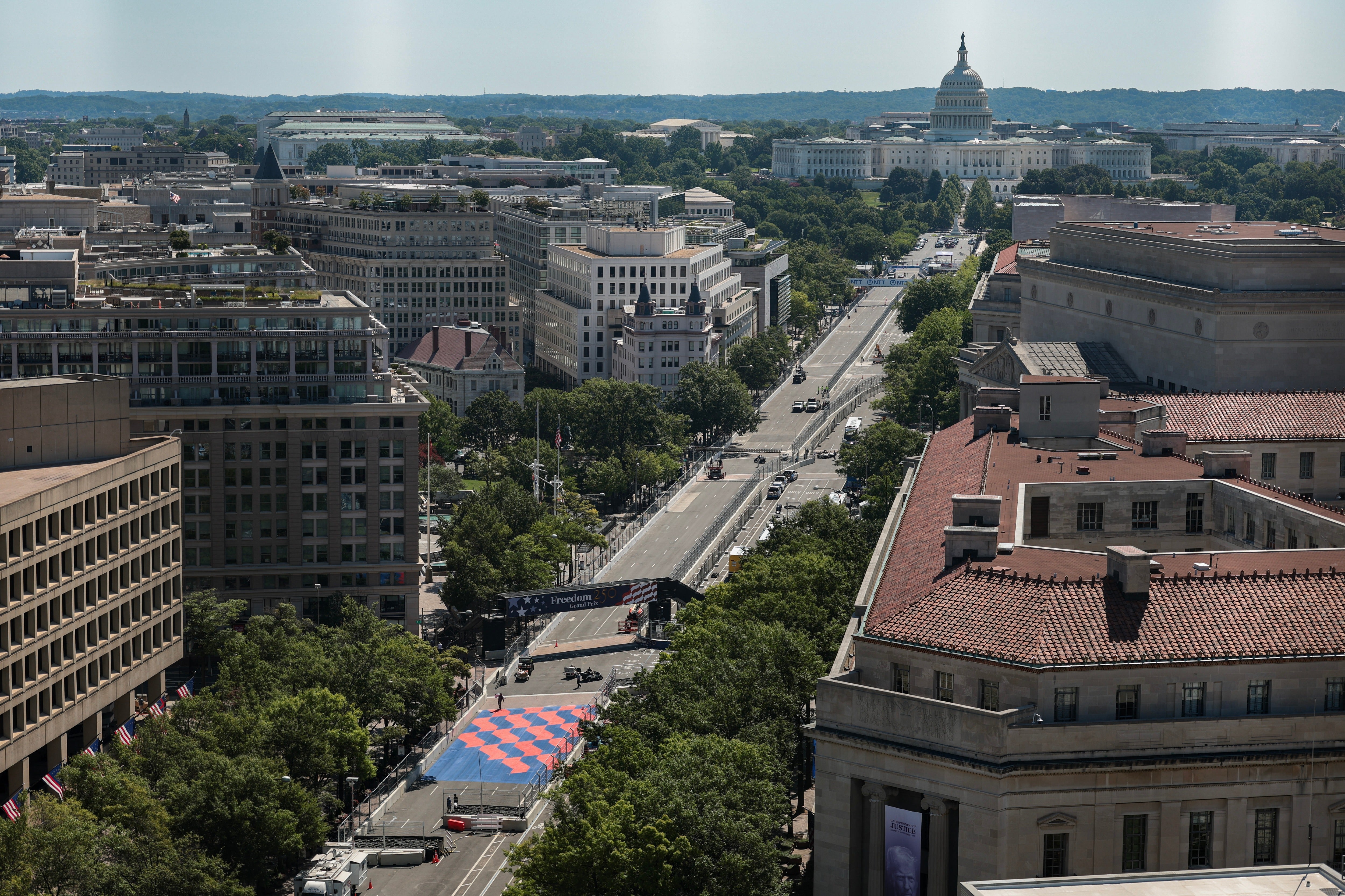 The Indy Car race track is visible down Pennsylvania Avenue for the Freedom 250 Grand Prix on August 19, 2026 in Washington, DC.