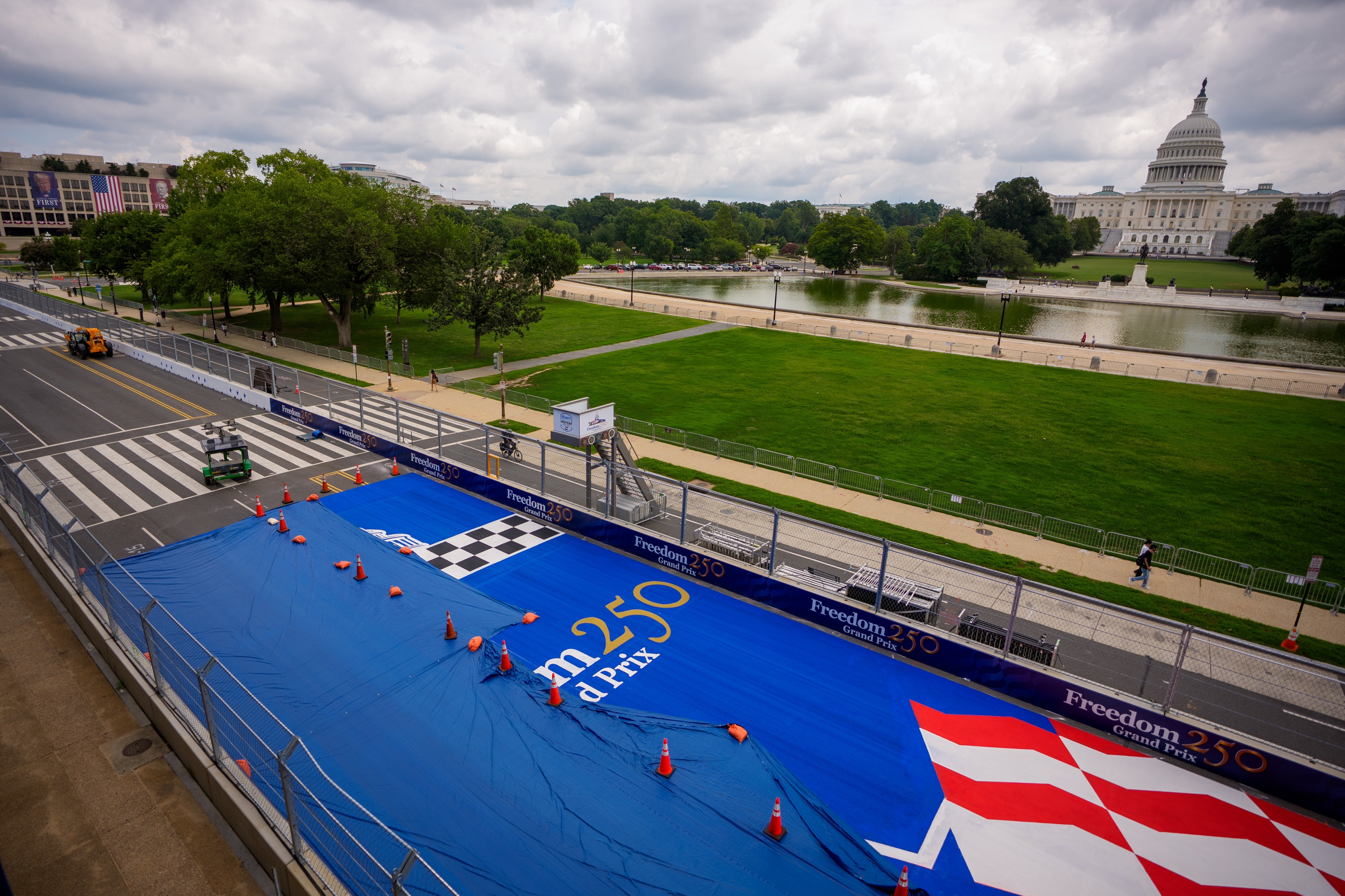 he U.S. Capitol Building is visible at the finish line of the Indy Car race track for the Freedom 250 Grand Prix on August 18, 2026 in Washington, DC.