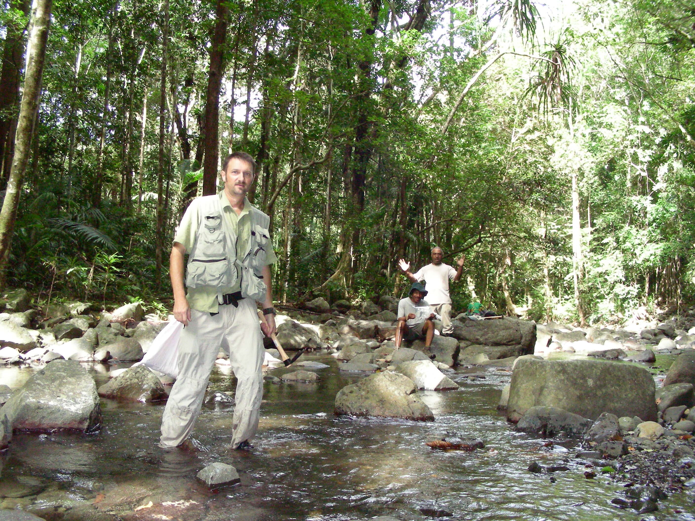 Professor Chris Austin with colleagues Jim Anamiato (standing) and Ilaiah Bigilale from the Papua New Guinea National Museum and Art Gallery, Sandaun Province Papua New Guinea in 2026