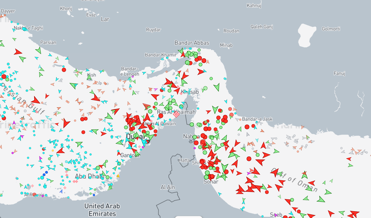 Traffic through the Strait of Hormuz as of 9.15am on Friday 21 August. Thousands of ships remain stranded around the Strait of Hormuz